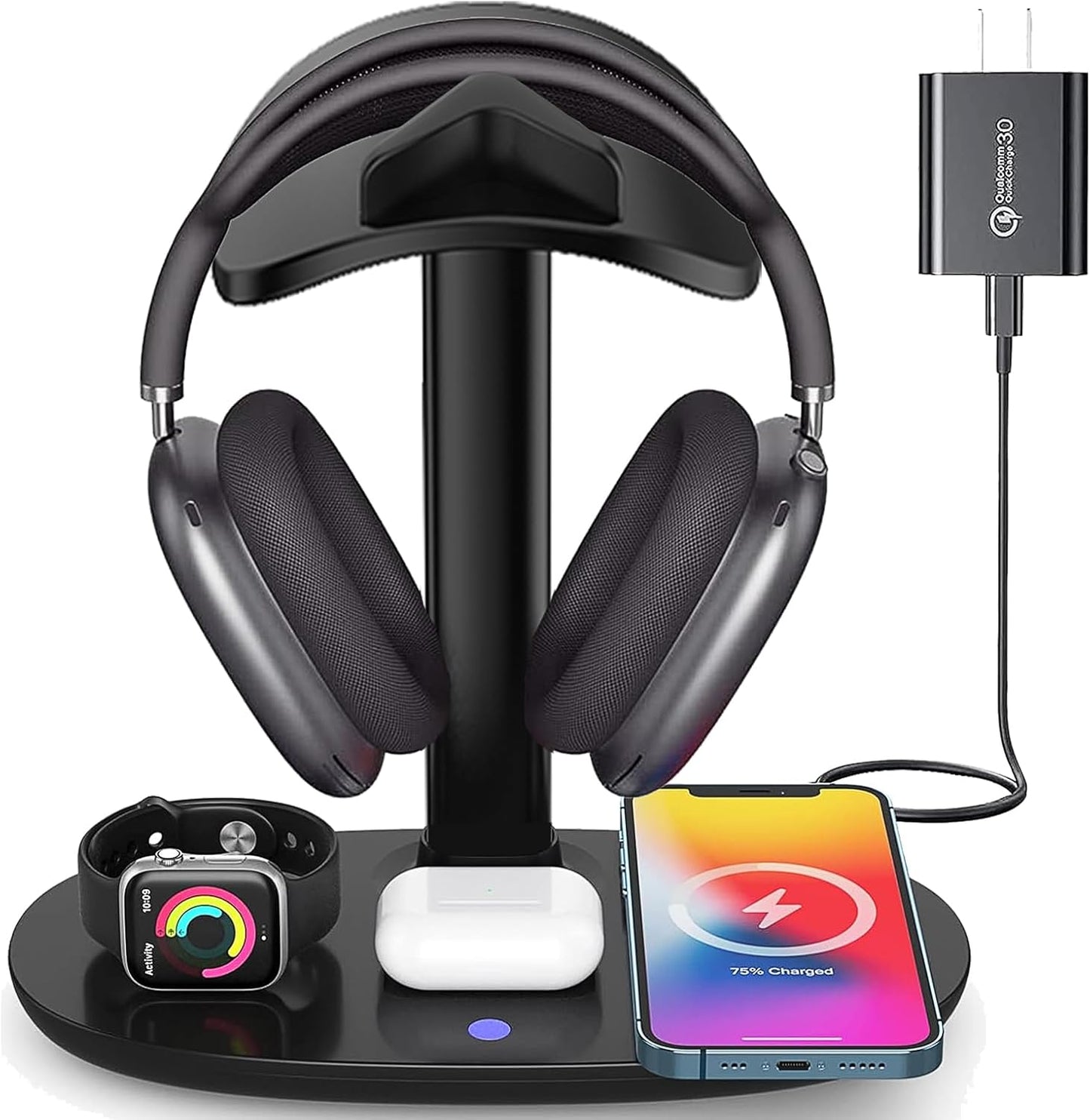 Airpod Max Charger Stand with 15w Wireless Charger, Suguder 4 in 1 Headset Holder for Apple Accessories Charging with AirPods Max/Pro/iWatch/iPhone/Vision Pro, Headphones Stand for Desk Organizer