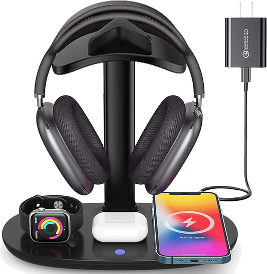 Airpod Max Charger Stand with 15w Wireless Charger, Suguder 4 in 1 Headset Holder for Apple Accessories Charging with AirPods Max/Pro/iWatch/iPhone/Vision Pro, Headphones Stand for Desk Organizer