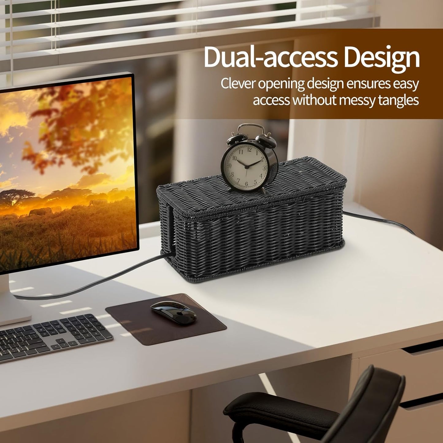 Delamu Handmade Rattan Cable Management Box, Cord Organizer with 2 Open Slots, Desk Cord Hider Box for Computer Router USB Hub Power Strip, 12.5" Lx 5.1" Wx 5.1" H, Black