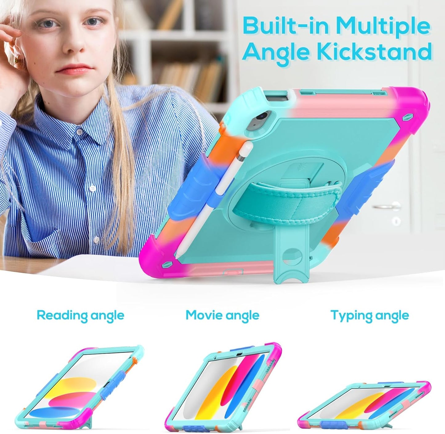 BLOSOMEET iPad Case for 11th/10th Generation 11''/10.9'' with Tempered Glass Screen Protector, Full Body Dropproof iPad Cover 2025/2022 with Stand Pen Holder & Hand Shoulder Strap, Turquoise