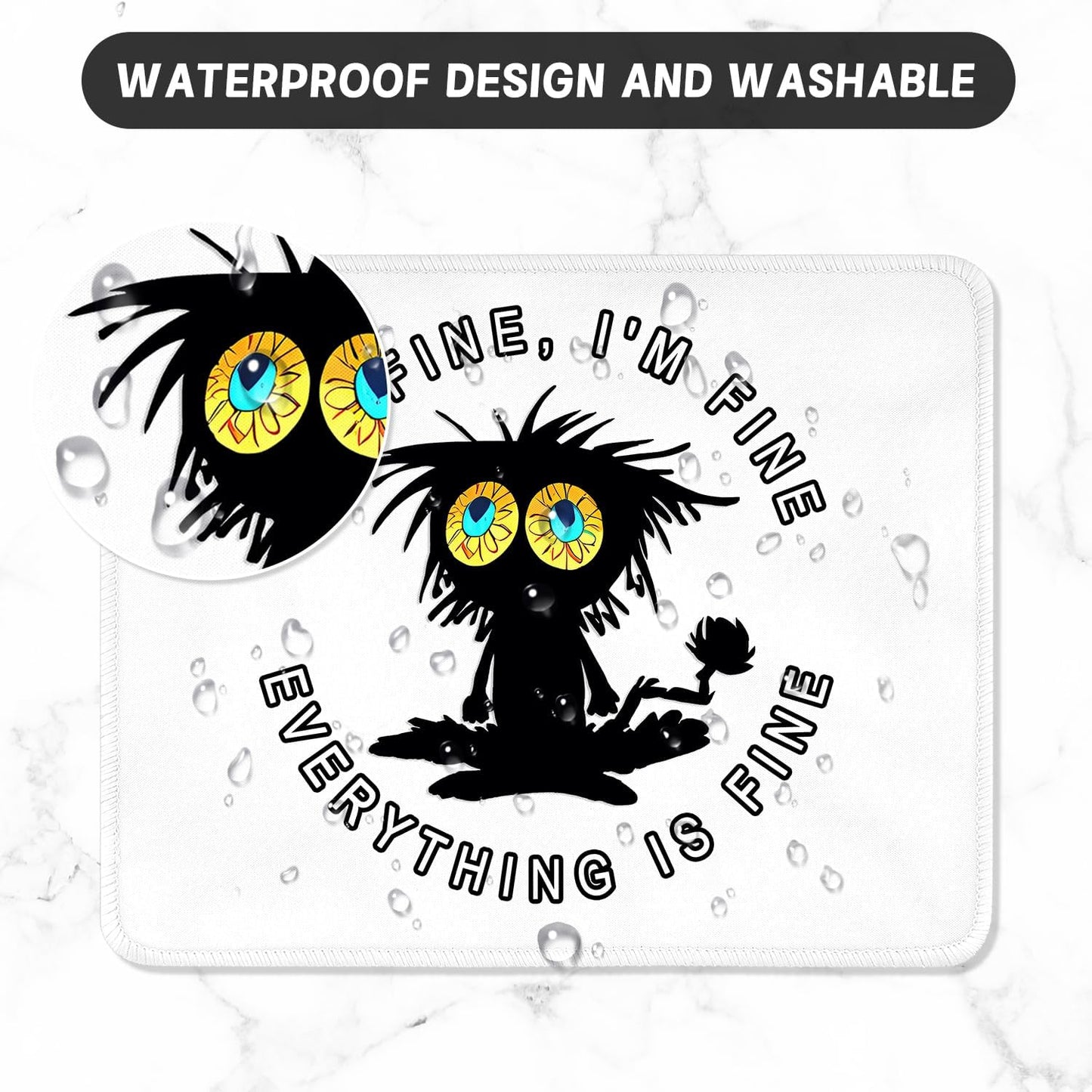ITNRSIIET Mouse Pad with Stitched Edge Premium Textured Smooth Precise Operation Waterproof Washable Non-Slip Rubber Base Desktop Protection Mat, 10.2×8.3×0.12 inches, Funny Black Cat