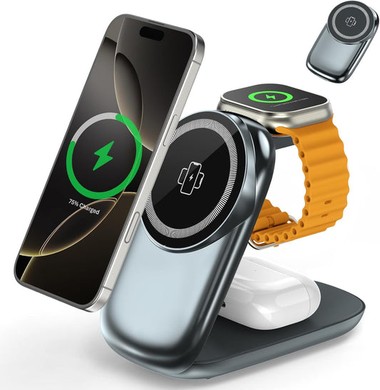 3 in 1 Folding Charging Station for iPhone 16e/16/15/14/13/12 Compatible with Apple Watch 10/9/8/7/6/5/4/3 Ultra,Wireless Charging Station for Airpods/4/3 pro