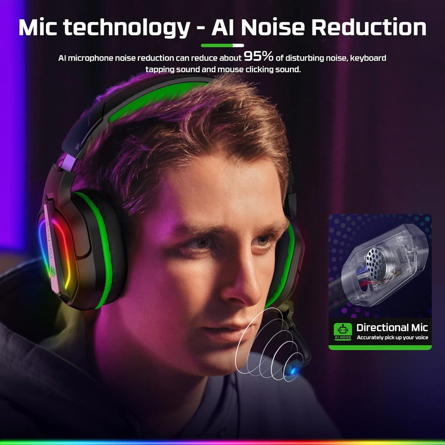 FC200 PC Gaming Headset for PS4, PS5, Switch, Xbox One, Mac, Noise Canceling Headphones with Microphone, Computer Headset with 3.5mm Jack & RGB Light
