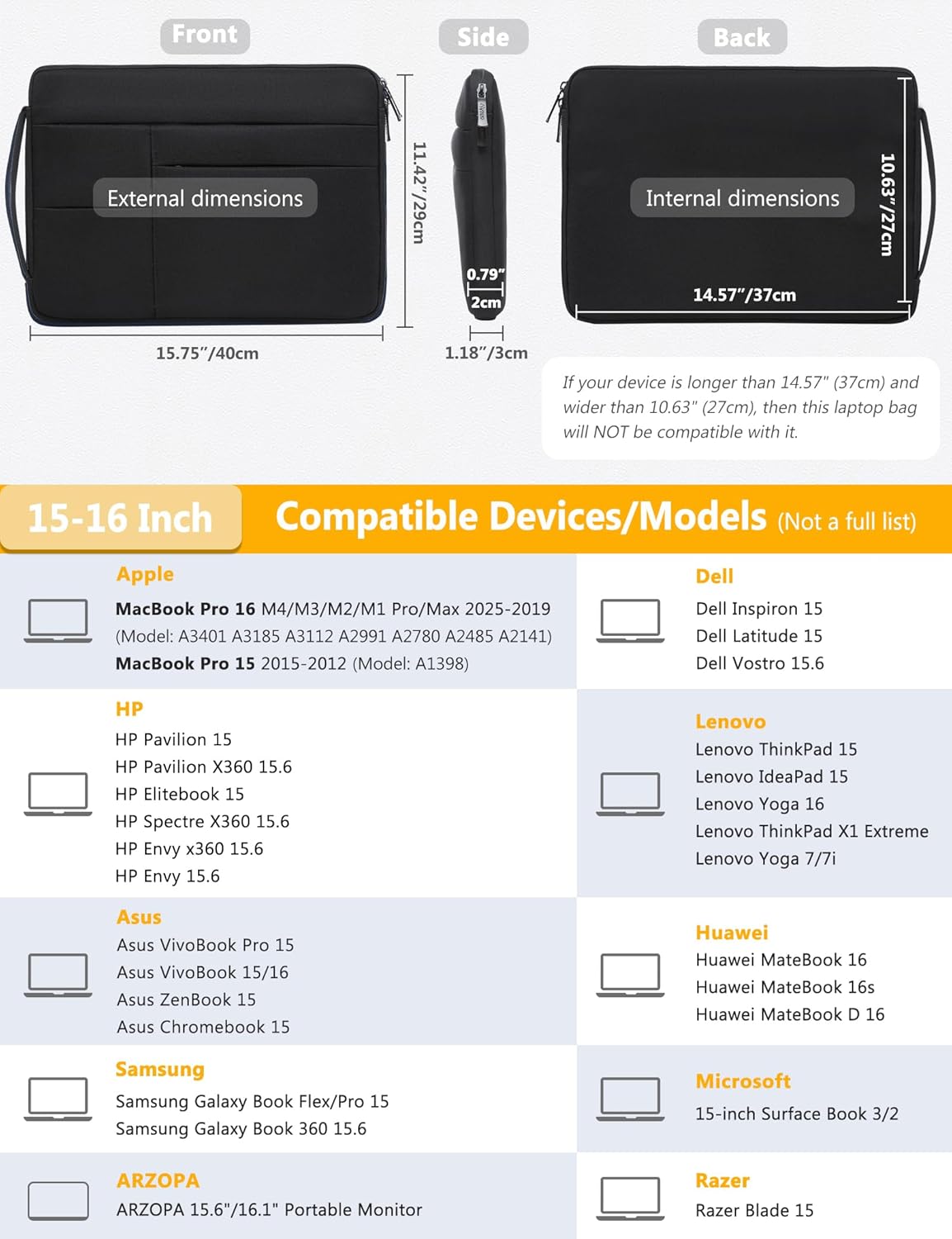 HYZUO 15-16 Inch Laptop Sleeve Bag for MacBook Pro 16 M4/M3/M2/M1 2025-2019, 15" Surface Book, Portable NoteBook Case for 15" 15.6" HP Dell Lenovo ThinkBook Asus Acer Samsung HUAWEI, Classic Black
