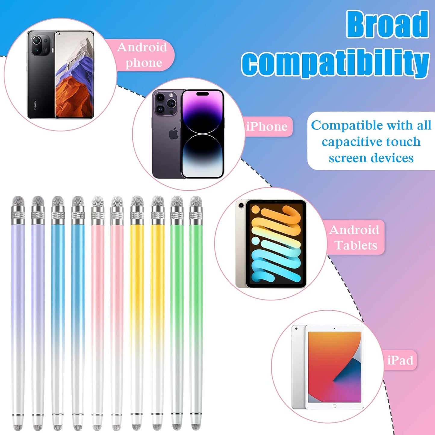 Bopomofo 10PCS Stylus Pen for Touchscreen,Stylus Pen for iPhone/iPad/Tablet Android/Microsoft/Surface, Compatible with All Touch Screens (Purple/Pink/Blue/Green/Yellow)