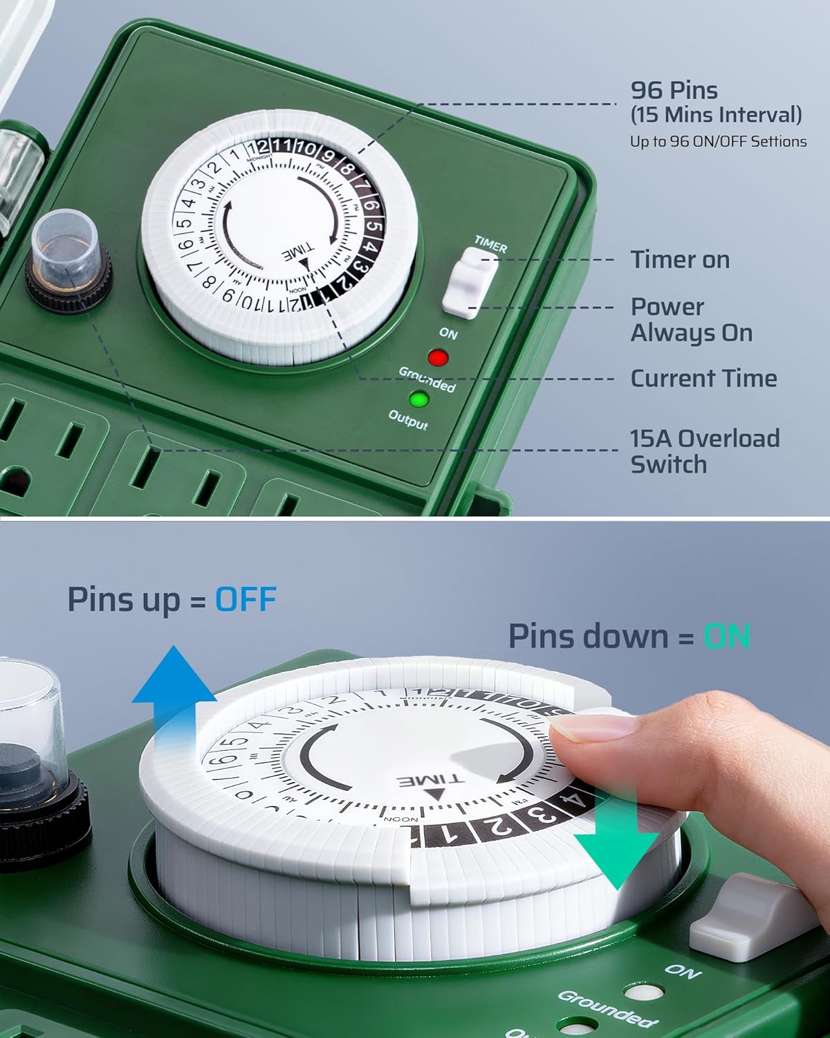 DEWENWILS Heavy Duty Outdoor Power Stake Timer, 24-Hour Mechanical Timer with 6FT Cord, 1800W/15A, Waterproof for Patio Lights, Halloween/Christmas Decorations, ETL Listed