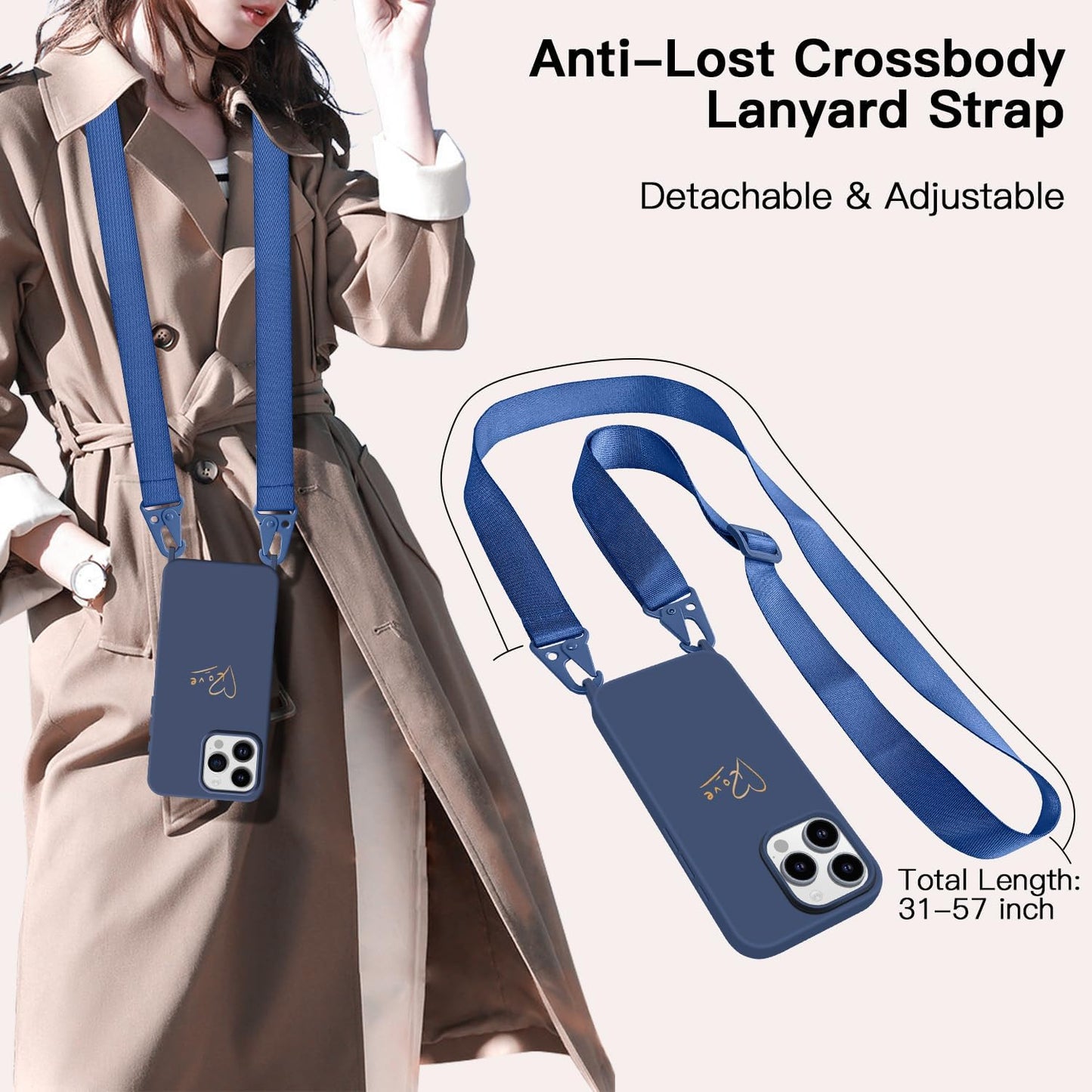 Crossbody Case for iPhone 16 with Strap, [Compatible with MagSafe], Cute Love Heart Silicone Phone Case with Neck Lanyard for Girls Women