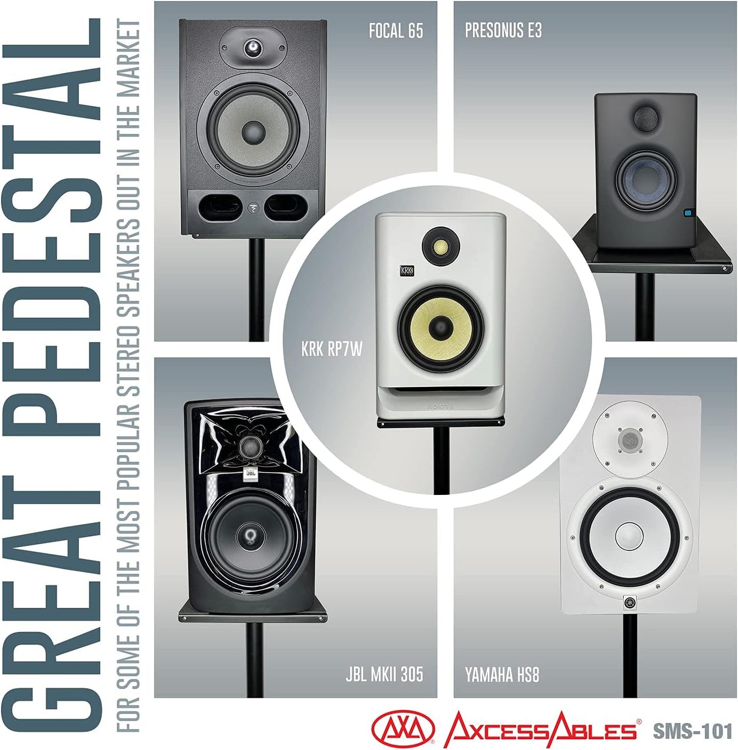 AxcessAbles Studio Monitor Speaker Stands Pair. 80lb Capacity per Stand. Adjustable Height 26" - 42". Metal Constructed Stands Ideal for Surround Sound, Bookshelf and Monitoring Speakers