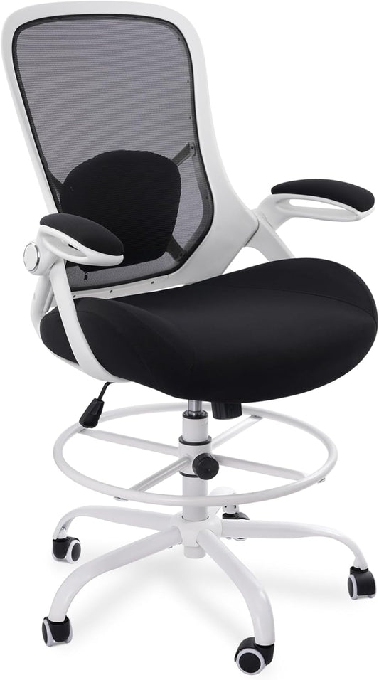 HYLONE 400lbs Heavy Duty Drafting Chair 5" Thickened Seat Office Chair with Flip-Up Armrests Tall Ergonomic Computer Chair with Lumbar Support and Adjustable Footrest Ring Standing Desk Chair (Black)