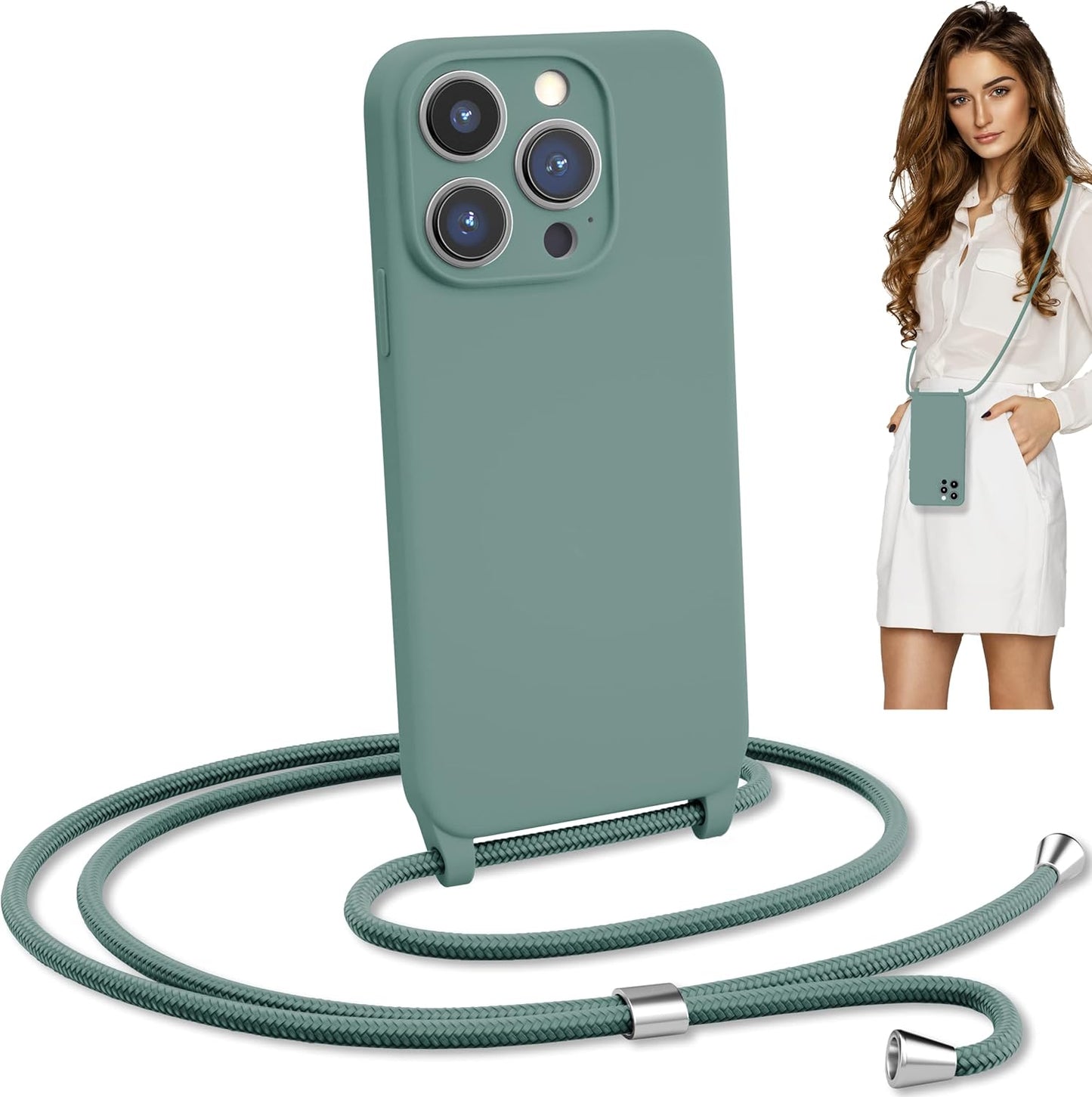 Blaspins Crossbody Lanyard Strap Case for iPhone 13 Pro, Neck Cross Body, Adjustable Holder Removable, Drop Protection Shockproof, Hands-Free Silicone Case 6.1 inch,150 cm Strap, iP13Pro- Pine Green