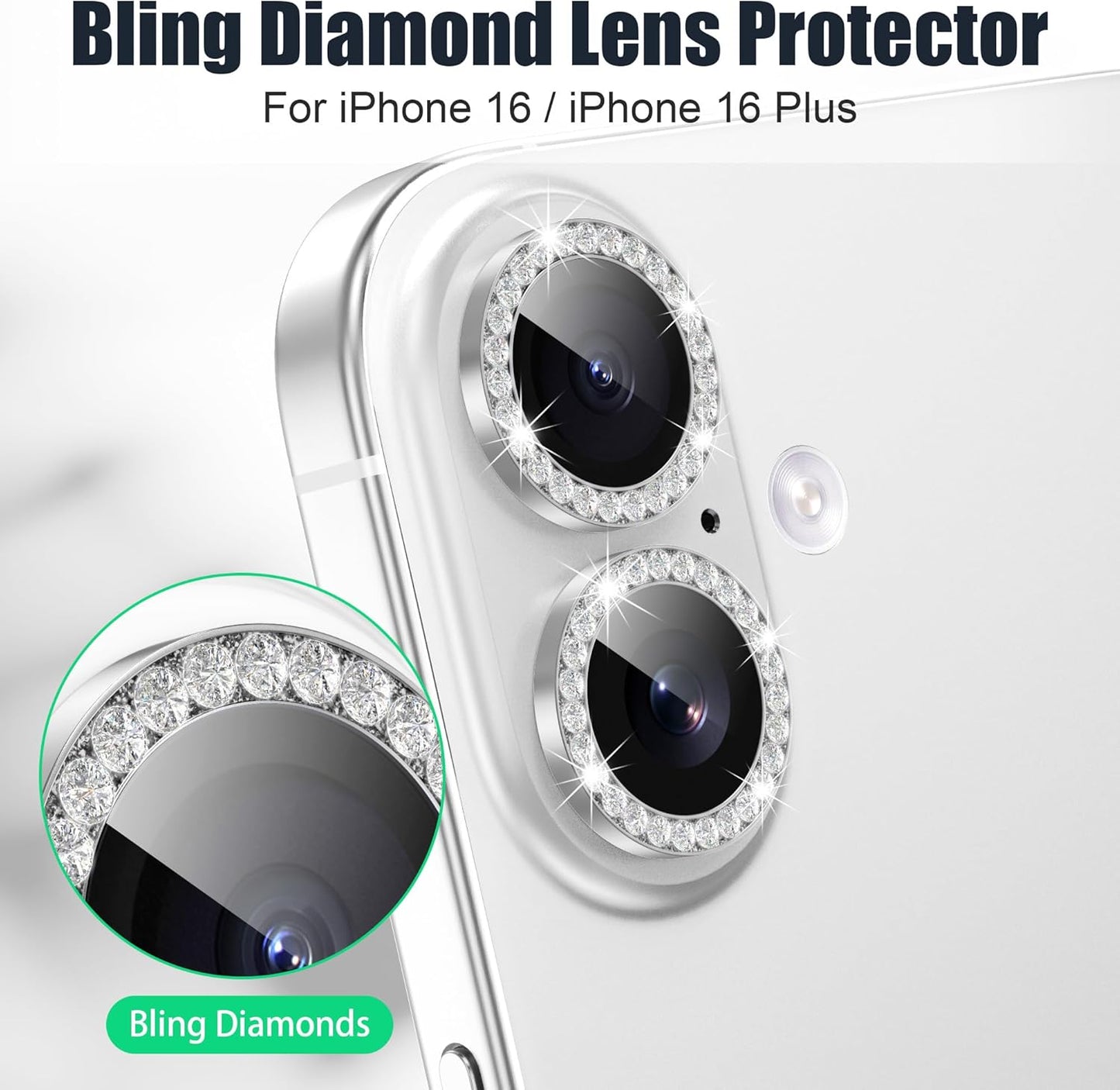 AGVEE 3+3 6 Pack for iPhone 16 6.1" / 16 Plus 6.7" Camera Lens Cover Protector, Bling Diamond & Bling Glitter Metal Ring 9H Tempered HD Glass Camera Cover Protector Film, Bling-Silver