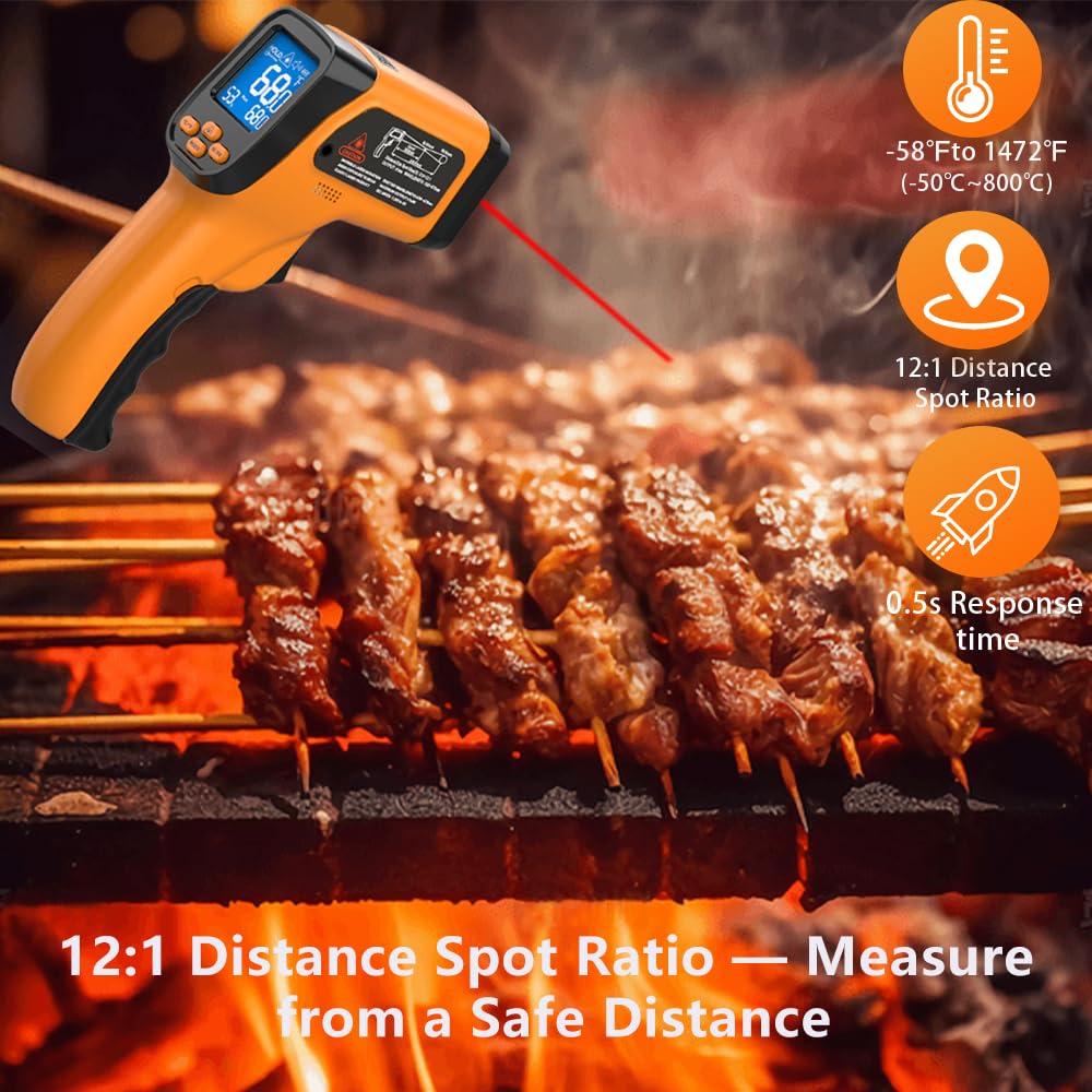 Infrared Thermometer Gun, Non Contact Thermometers Laser Temperature Guns with K-Type Probe, 12:1 Dual-Mode Temp Gun (-58°F to 1472°F) for Cooking, Pizza Oven, BBQ, Home Repairs, HVAC