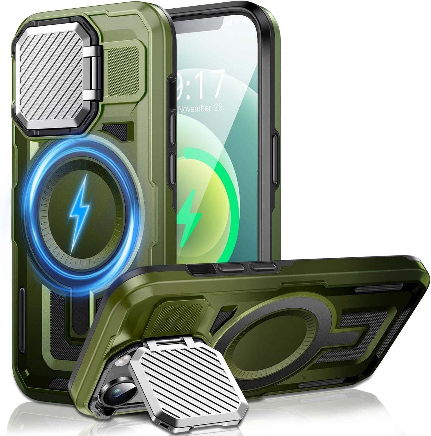 Camera Stand Case for iPhone 12/12 Pro, [Compatible with Mag Safe] [Lens Cover] 2024 Version Military Grade Protective Soft Case for iPhone 12/12 Pro 6.1 inch Men Women, Green