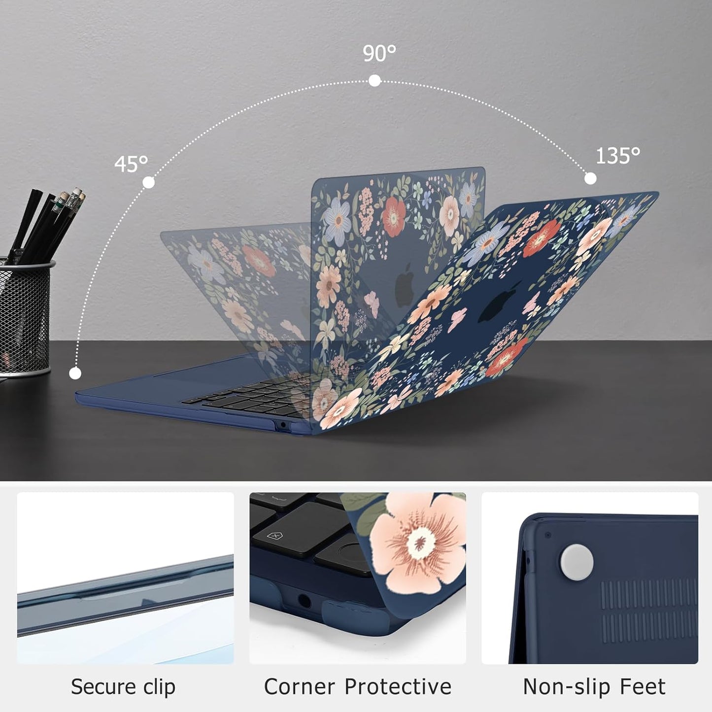 MOSISO Compatible with MacBook Air 13 inch Case 2025 2024 2023 2022 M4 A3240 M3 A3113 M2 A2681, Lush Floral Hard Shell&Keyboard Cover&Screen Protector for MacBook Air 13.6 inch Case, Blue