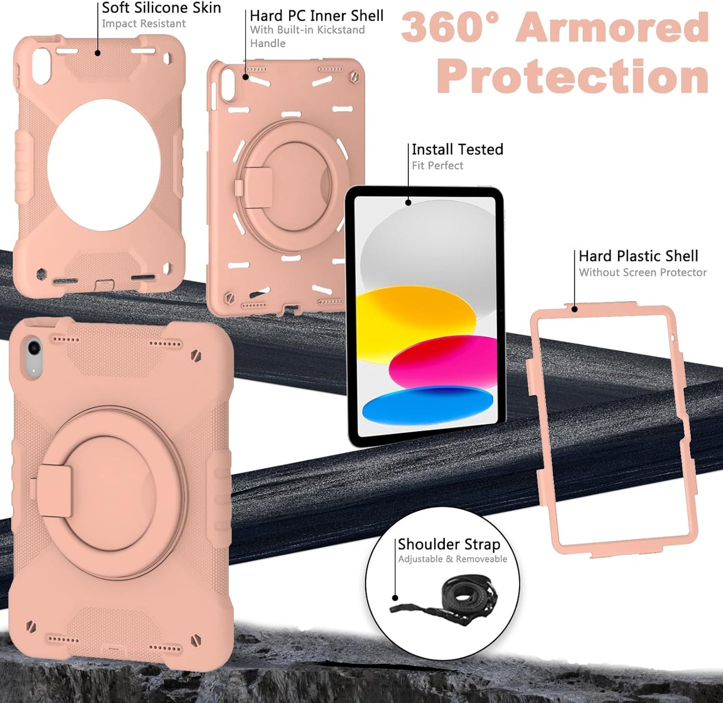 Case for iPad (A16) 11th Generation 11 inch 2025/10th Generation 10.9 inch 2022, Heavy Duty Shockproof Kids Protection Cover with Pencil Holder/360° Rotating Stand/Handle/Shoulder Strap, Rose Gold