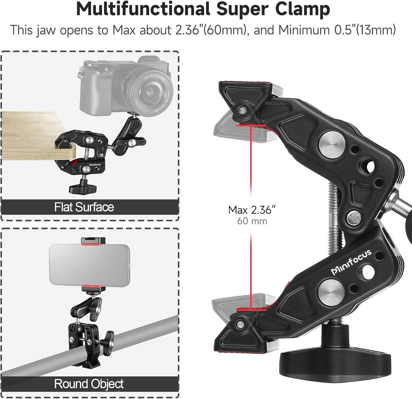 MINIFOCUS Super Clamp Camera Clamp Mount, 360° Ballhead Magic Arm with 1/4" 3/8" Port Extension Holder Adapter, Double Ball Head Adapter for Canon Nikon DSLR GoPro Action Camera Video Light