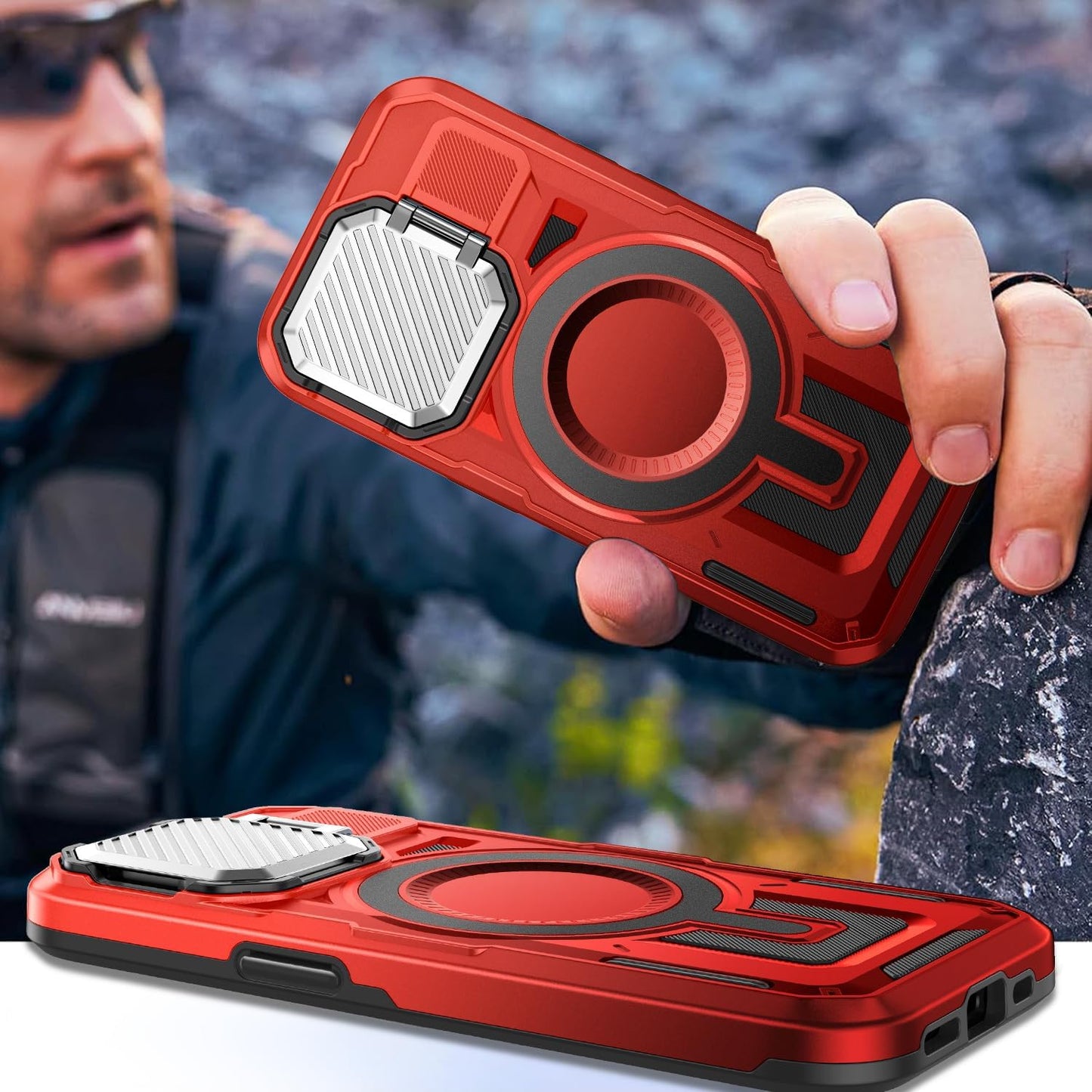 Camera Stand Case for iPhone 14 Plus, [Compatible with Mag Safe] [Lens Cover] 2024 Version Military Grade Protective Soft Case for iPhone 14 Plus 6.7 inch Men Women, Red