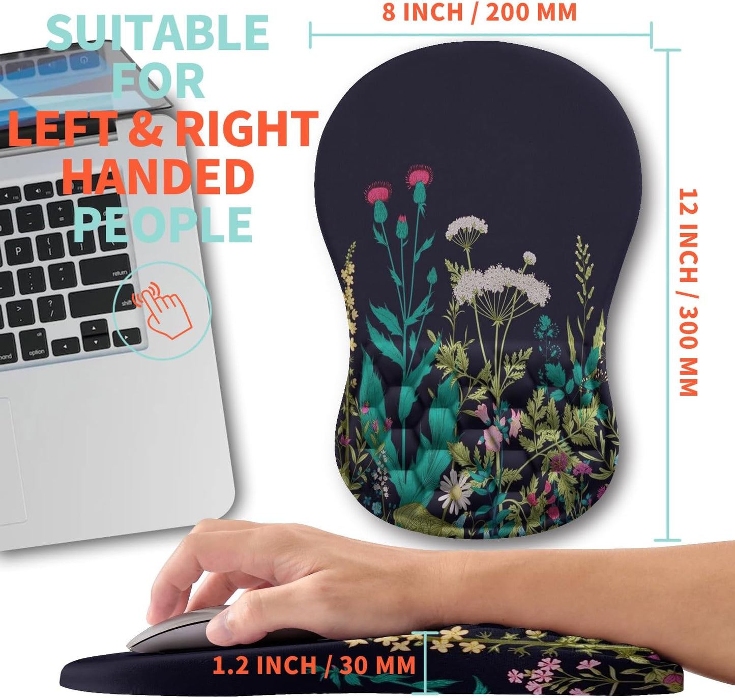 Ergonomic Mouse Pad Wrist Support with Memory Foam Massage Bulge, Carpal Tunnel Pain Relief Mousepad Wrist Rest for Mouse(12x8 inch, Midnight Floral)