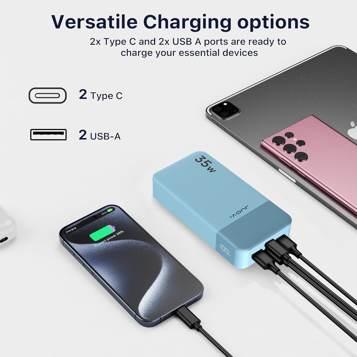 J2651 Portable Charger, 35W 20000mAh USB C in & Out Power Bank, Battery Pack with QC4.0+PD3.0 35W High-Speed Charging for Bluetooth Earbud, Mobile Phone, Tablet (Blue)