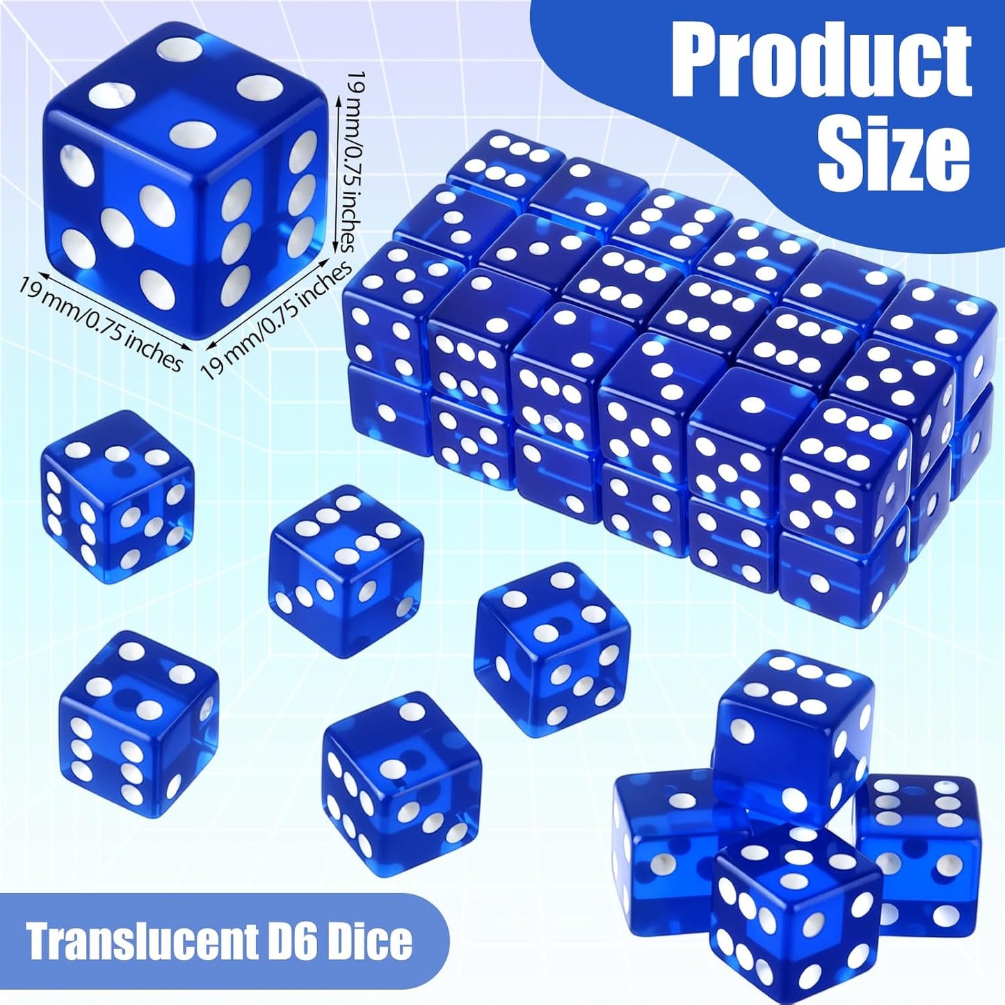 36 Piece 19 mm Casino Style Craps Dice Sets Acrylic and Translucent D6 Dice, Square W/Rounded Edge for Casino, Craps, Table Games and Board Games (Blue)
