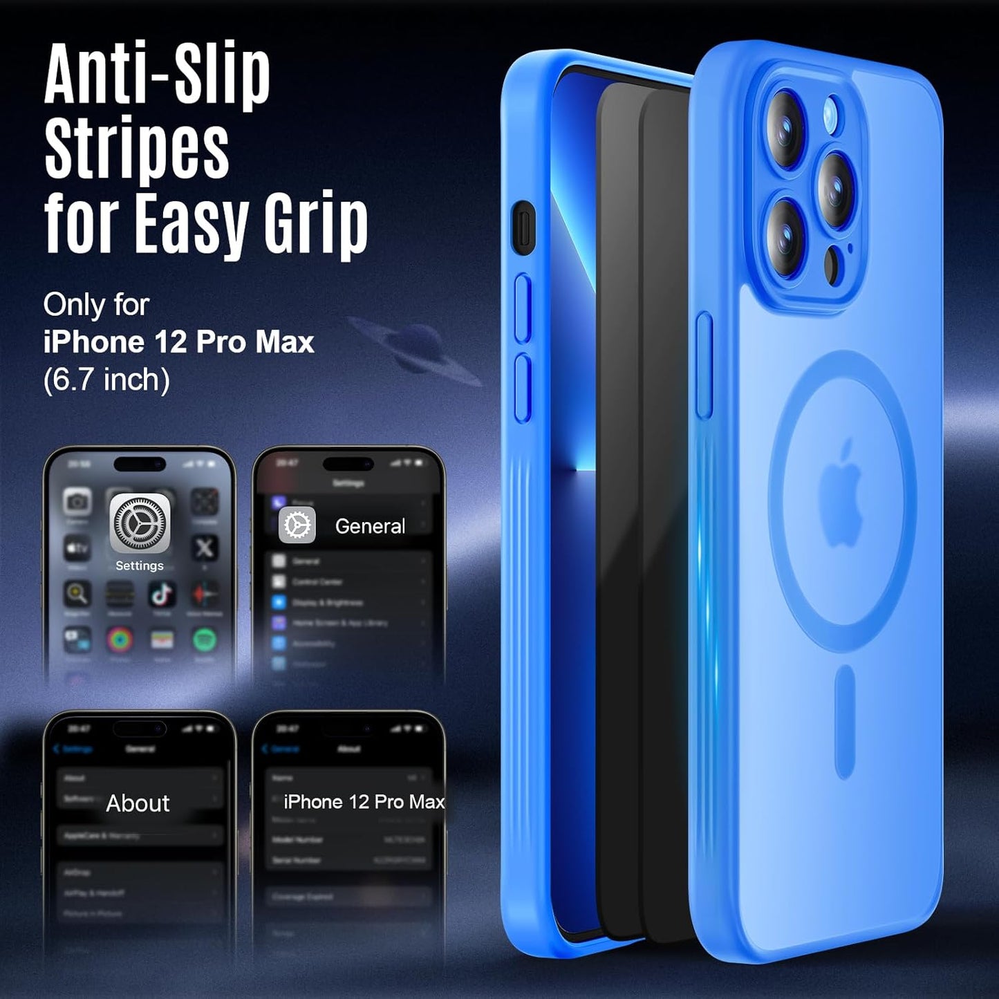 Designed for iPhone 12 Pro Max Case, Compatible with MagSafe, with Privacy Screen Protectors X2, [Camera Protection] [15FT Military Drop Protection] Shockproof Phone Case, 6.7", Blue