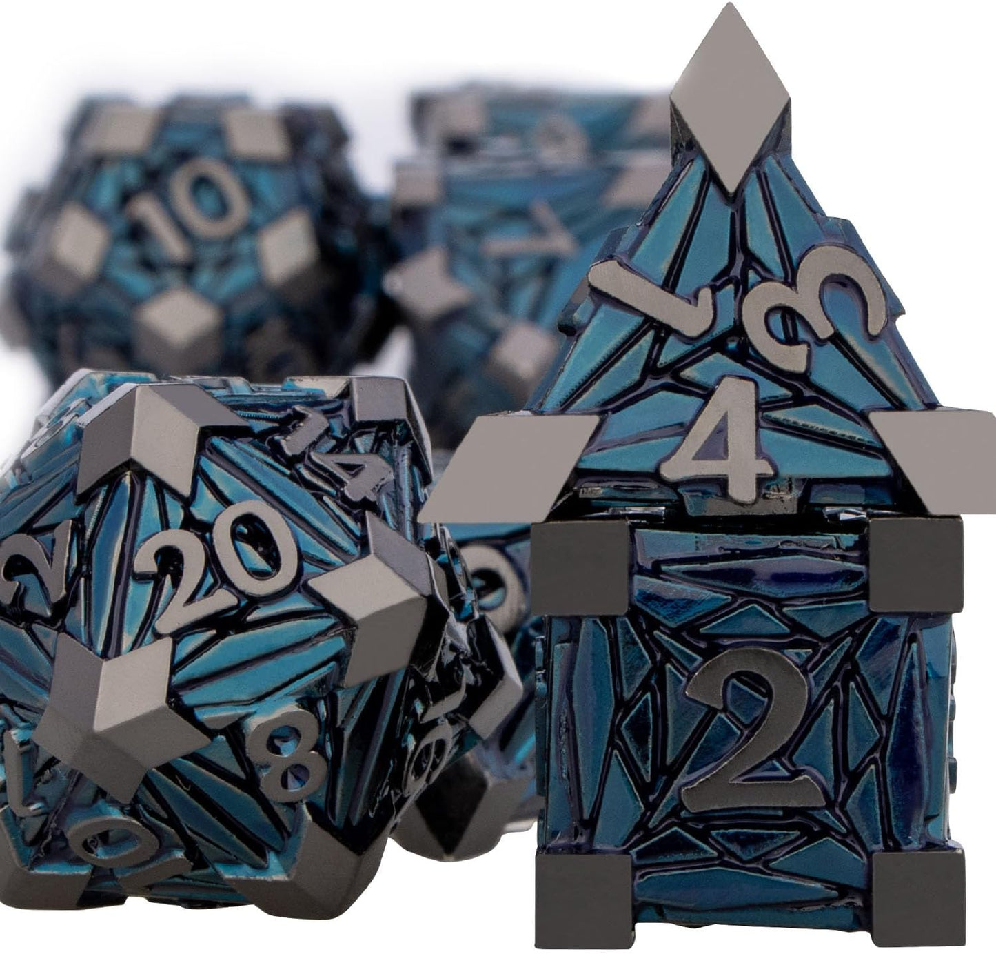 7PCS Metal DND Dice Set with Box, Debris RPG Black Blue D and D Dice for use with D&D Tabletop Games Role Playing Game Polyhedral Dice Set D20 D12 D10 D8 D6 D4