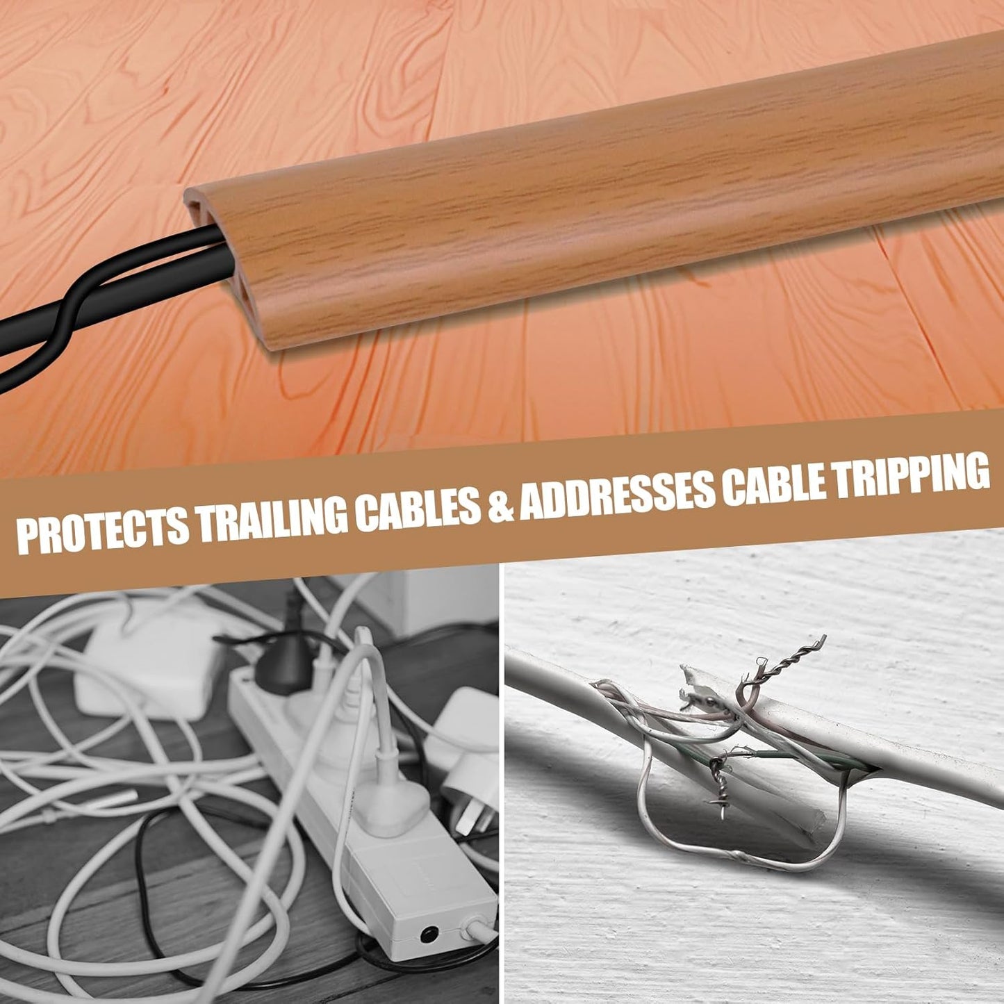 Floor Cord Cover Cavity 0.8"x0.37" Self Adhesive Cord Hider, 10FT Low Profile Cable Management, Extension Strip Protector for Wires, Prevent Cable Trips for Offices, Gyms, Exhibitions (Brown Wood)