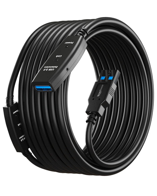 50 Feet Active USB Extension Cable 3.0 Male to Female with 2 Extension chipsets Signal Booster - Active Extension/Repeater Cord 15 Meters / 50 Feet (AC Power Supply Included)