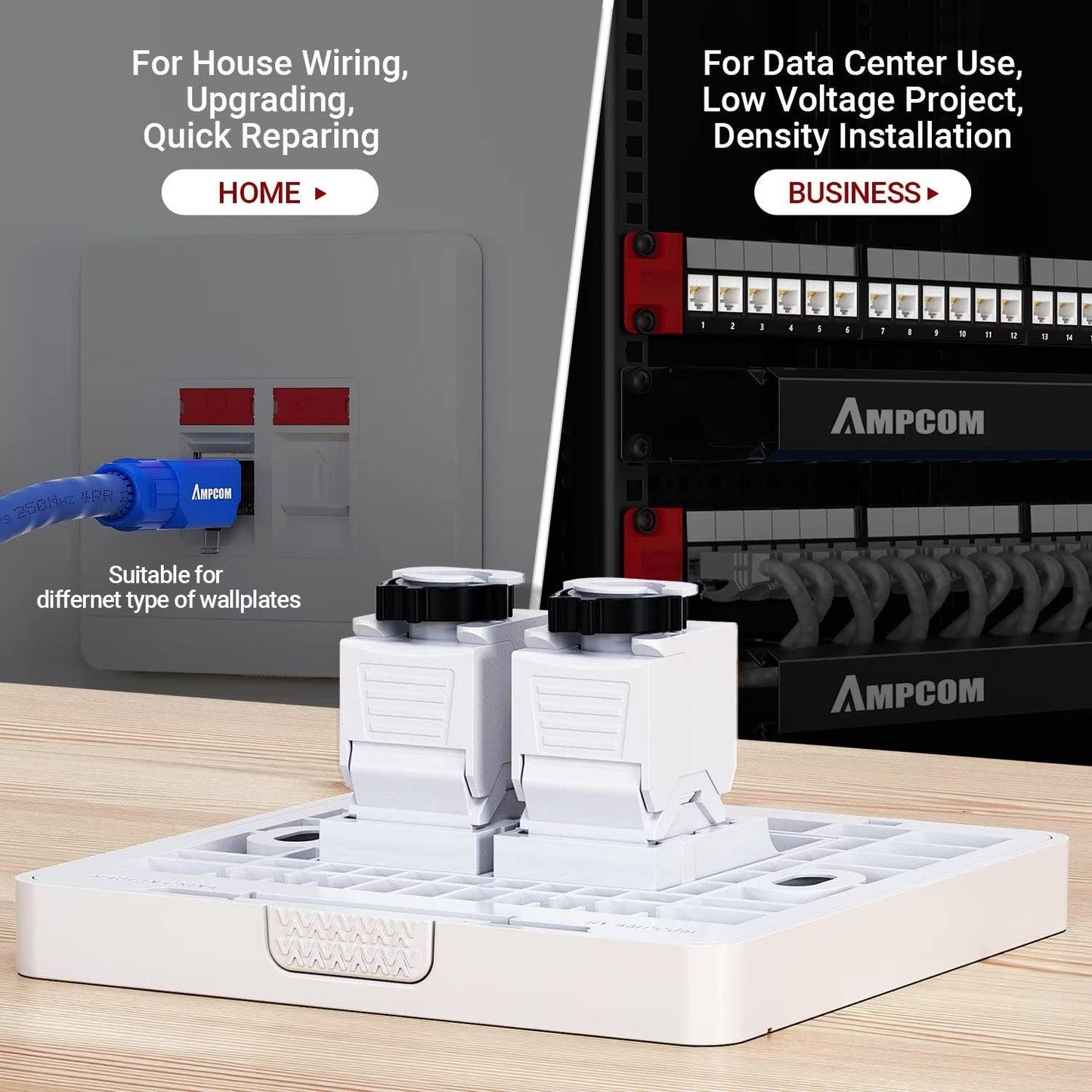 AMPCOM CAT6 RJ45 Keystone Jack - Reusable UTP Ethernet Wall Jack with Adjustable Ratchet Lock Design, No Tool and Zip Tie Required - 50u Gold Plated - White (12-Pack)