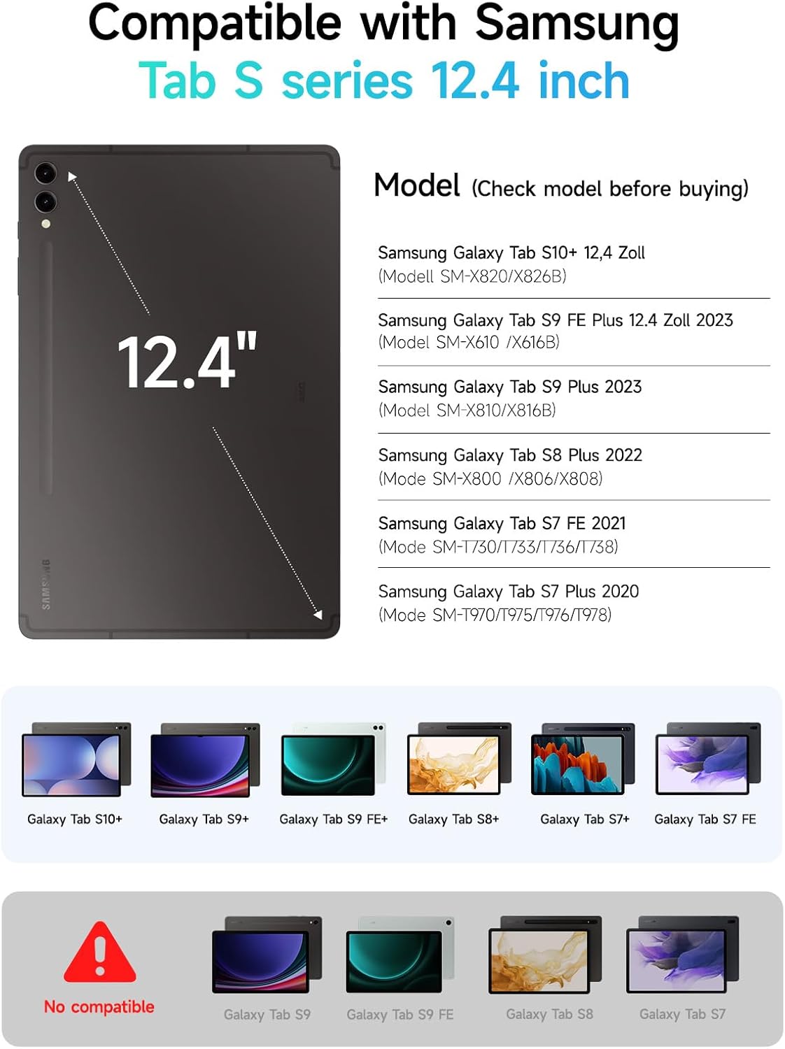 HOU Keyboard for Samsung Galaxy Tab S10+ Plus/S9+ Plus/S9 FE+ Plus/S8+ Plus/S7+ Plus/S7 FE 12.4" with Magnetic Case,Floating Cantilever,Multi-Function Trackpad,7 Colors Backlit,S Pen Holder,Black