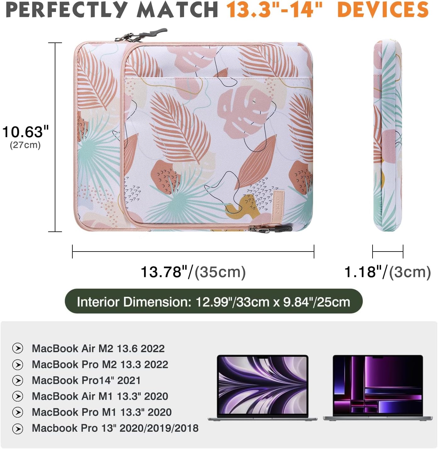 MoKo Laptop Sleeve Bag for 13.3-14 Inch, Notebook Carrying Case with Pocket Fits New MacBook Pro M3/M2 14" /13" M2/M1 Pro/M1 Max 14.2 2023-2021/Air 13.6" M2 2022, Surface Pro 9/8 13", Tropical Leaf