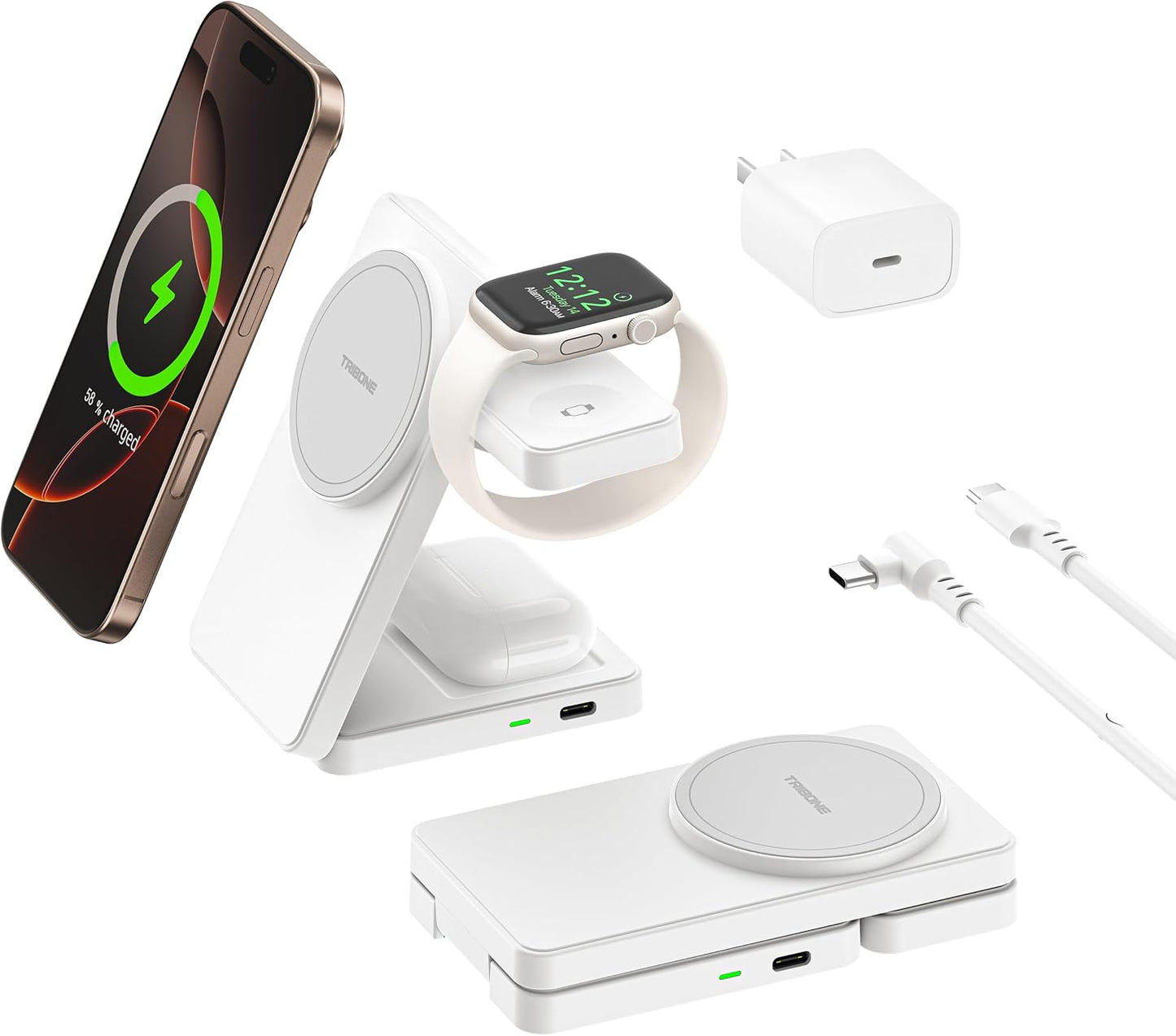 3 in 1 Charging Station for iPhone 16/15/14/13/12 Series, Wireless Charger for Apple Watch，Travel Magnetic Charging Stand for AirPods (White Grey)