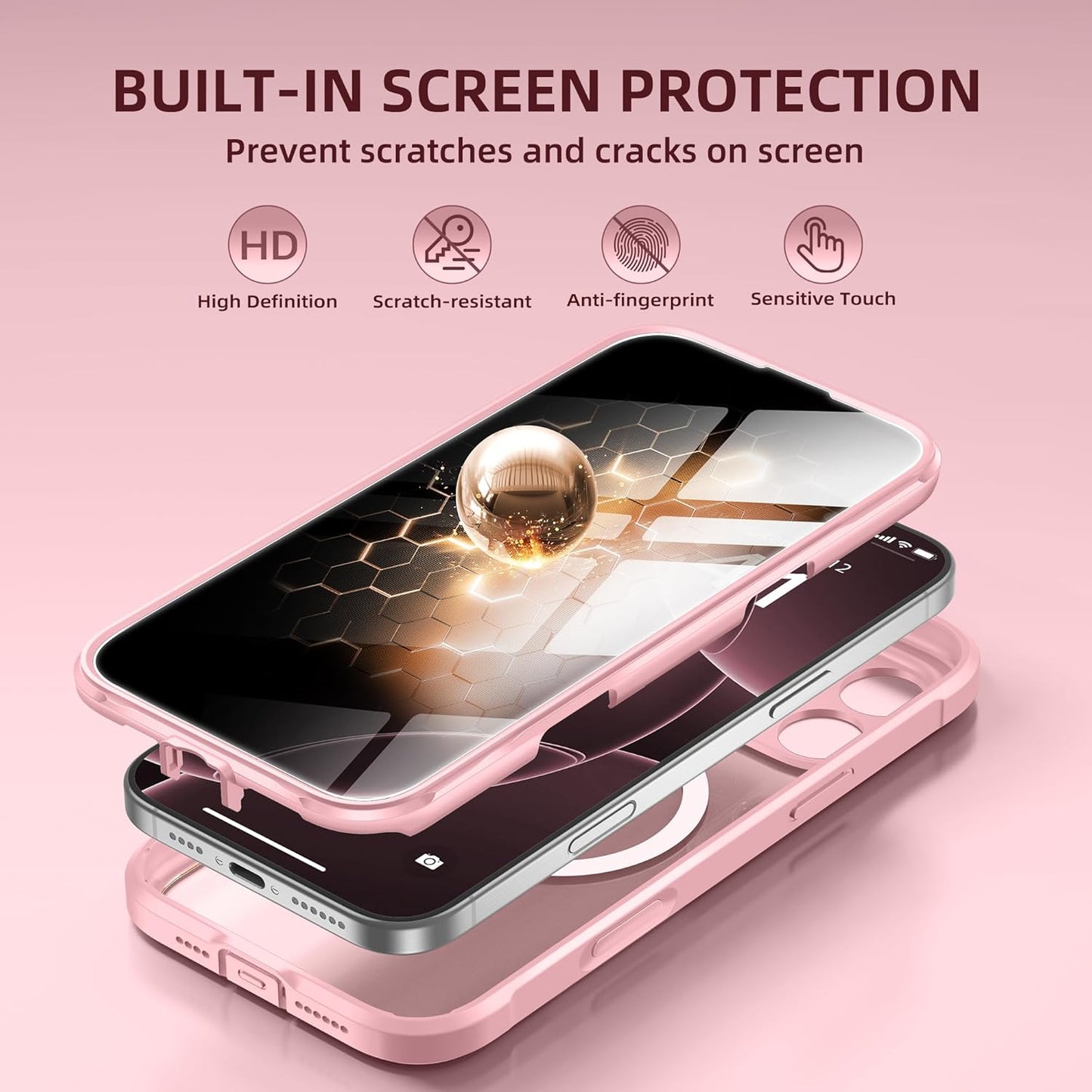 BERFY Magnetic for iPhone 16 Pro Case, Compatible with MagSafe, Built-in Privacy Screen Protector and Upgraded Camera Protection, Anti-Spy Full Body Shockproof Phone Case for 16 Pro 6.3", Pink