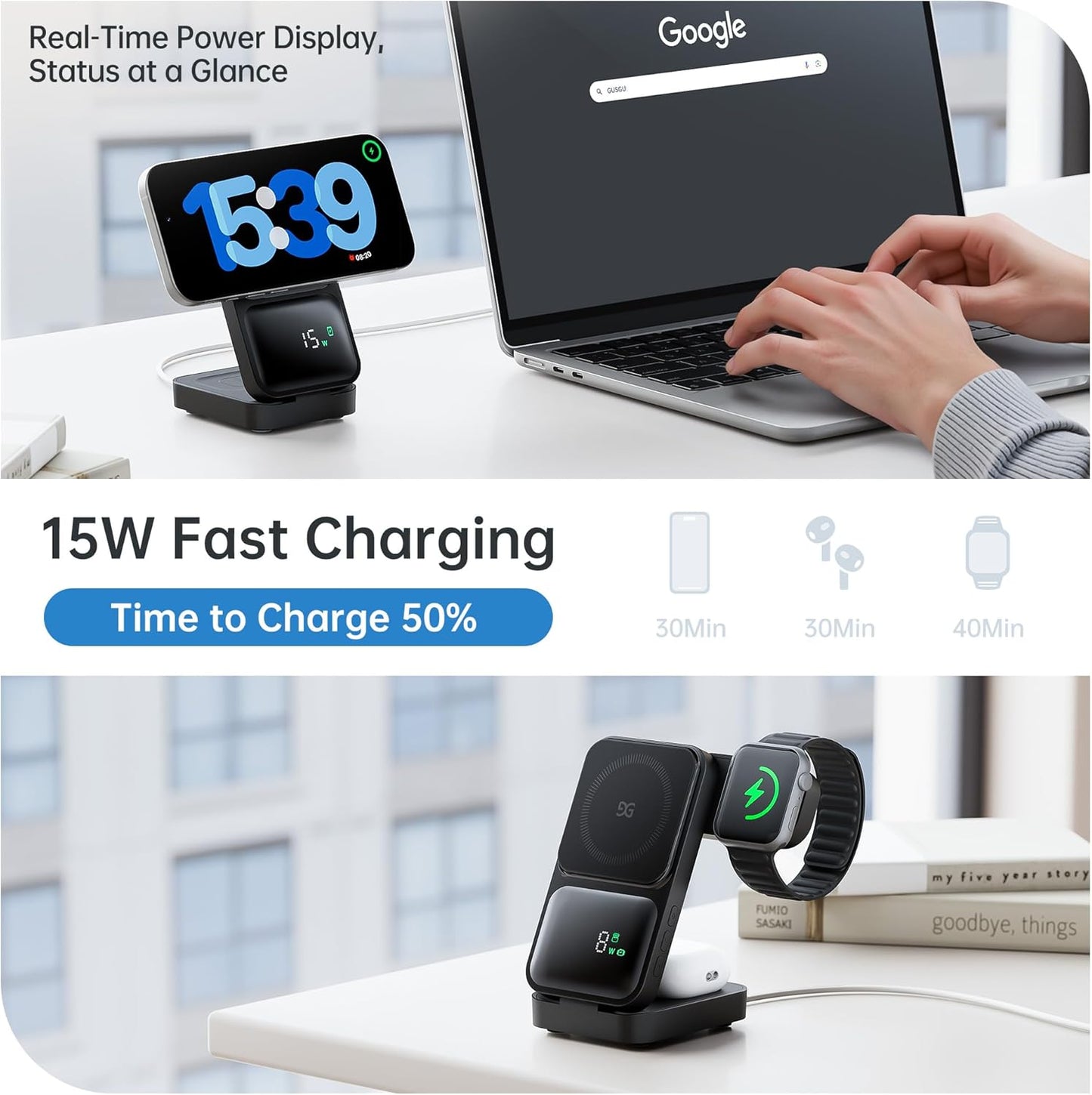 GUSGU MagTime 3 in 1 Wireless Charging Station with Real-Time Power and Time Display, Foldable Wireless Charger Stand, Compatible with iPhone 16/15/14/13/12, iWatch S1-10/Ultra, AirPods-Black
