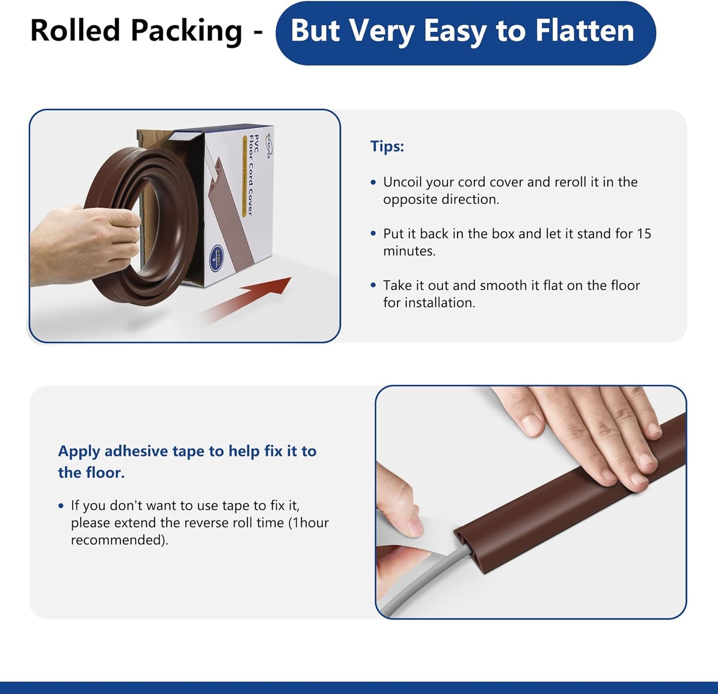 Brown PVC Floor Cord Cover - 4ft, Cord Protector, Wide Cavity W0.47 x H0.28