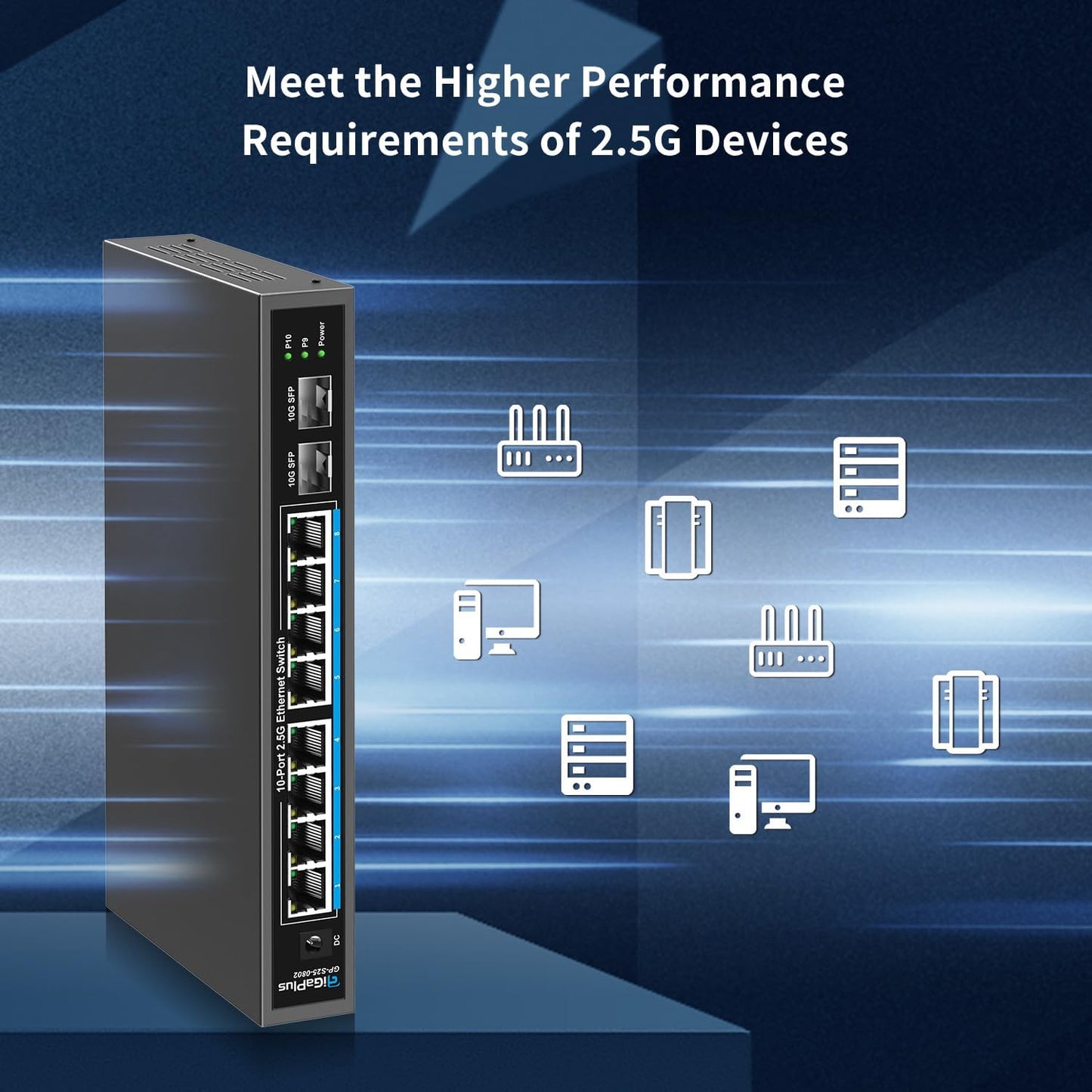 10 Port 2.5Gb Unmanaged Ethernet Switch with 8* 2.5G Base-T Ports, 2* 10G SFP+ Ports. GiGaPlus 2.5Gbps Network Switch for 2.5Gbps NAS/PC, WiFi6 Router, Wireless AP. Fanless Design, Plug and Play