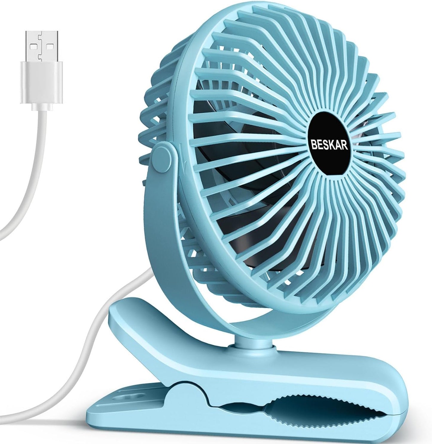 BESKAR Clip on Fan, Portable Small Desk Fans with Strong Airflow, 3 Speeds with Personal Fans Sturdy Clamp, Quiet Desk Fan & Clip Fan with USB Cord Powered - No Battery