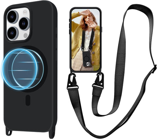 for iPhone 16 Pro Max Case with Lanyard [Compatible with MagSafe], Crossbody Phone Case with Neck Strap Adjustable, Magnetic Phone Cover for iPhone 16 Pro Max 6.9'' Black