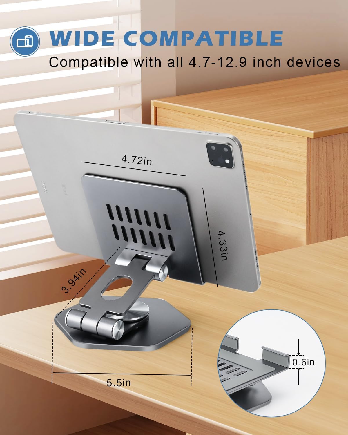 Foldable Aluminum Tablet Stand for Desk, 360° Swivel iPad & Tablet Holder – Portable & Stable Desktop Mount for 5–12.9in Devices, Grey