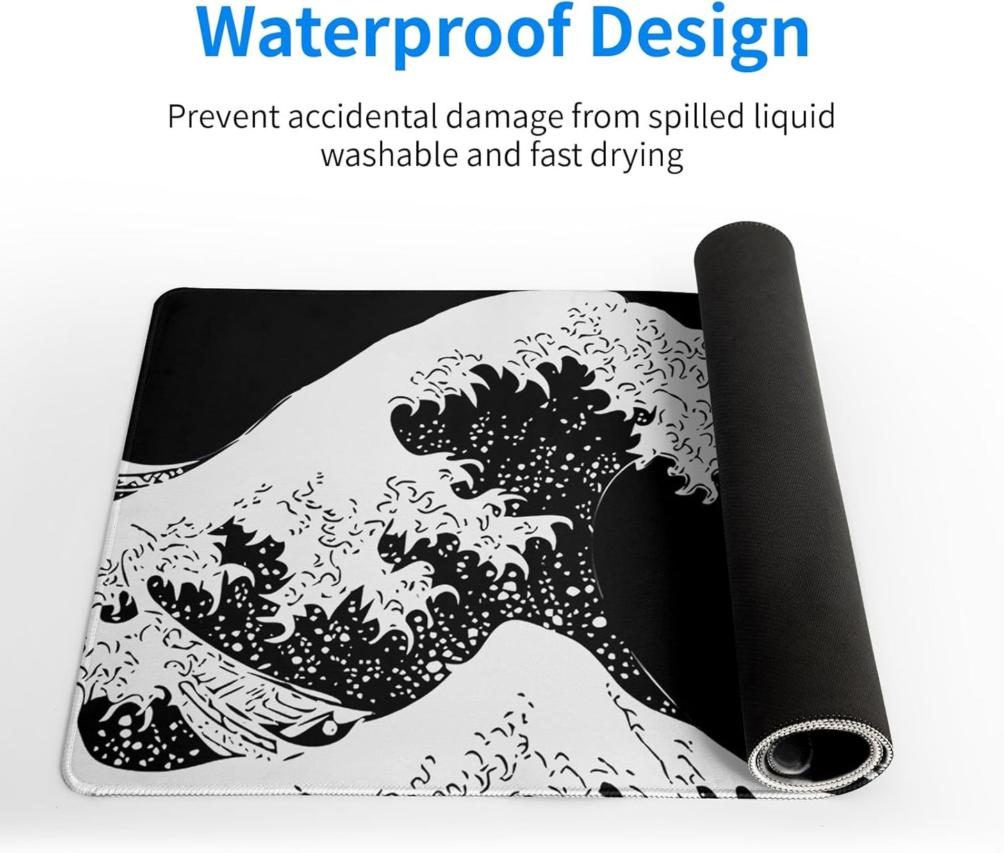 Japanese Sea Wave Large Mouse Pad, Abstract Black Gaming Mousepad, Extended Kanagawa Mat Desk Pad, 3mm Thick Long Non-Slip Rubber Base Mice Pad for Office and Home, 31.5x11.8 Inch