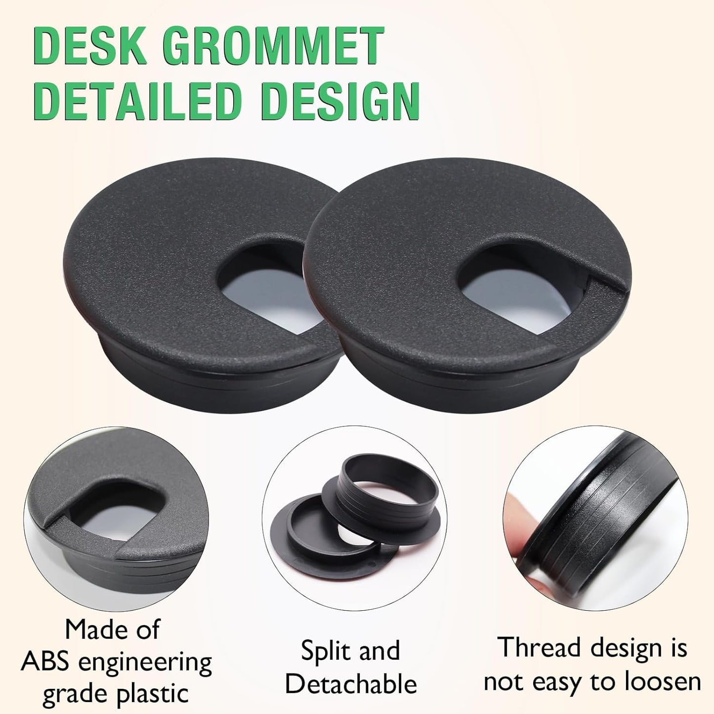 5 Pcs Desk Grommet 1-1/2" / 38 mm, Desk Cord Hole Cover, Cable Grommet ABS Plastic, Desk Hole Grommet for Home & Office Pc, Detachable Cable Cord Organizer-Black