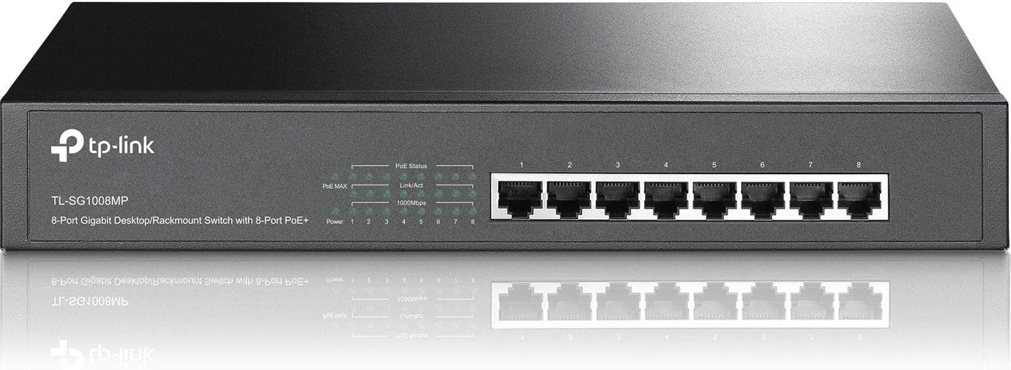 TP-Link 8 Port Gigabit PoE Switch | 8 PoE+ Ports @126W | Plug & Play | Limited Lifetime Protection | Desktop/ Rackmount | Prioritized Power Supply | Sturdy Metal | Shielded Ports (TL-SG1008MP)