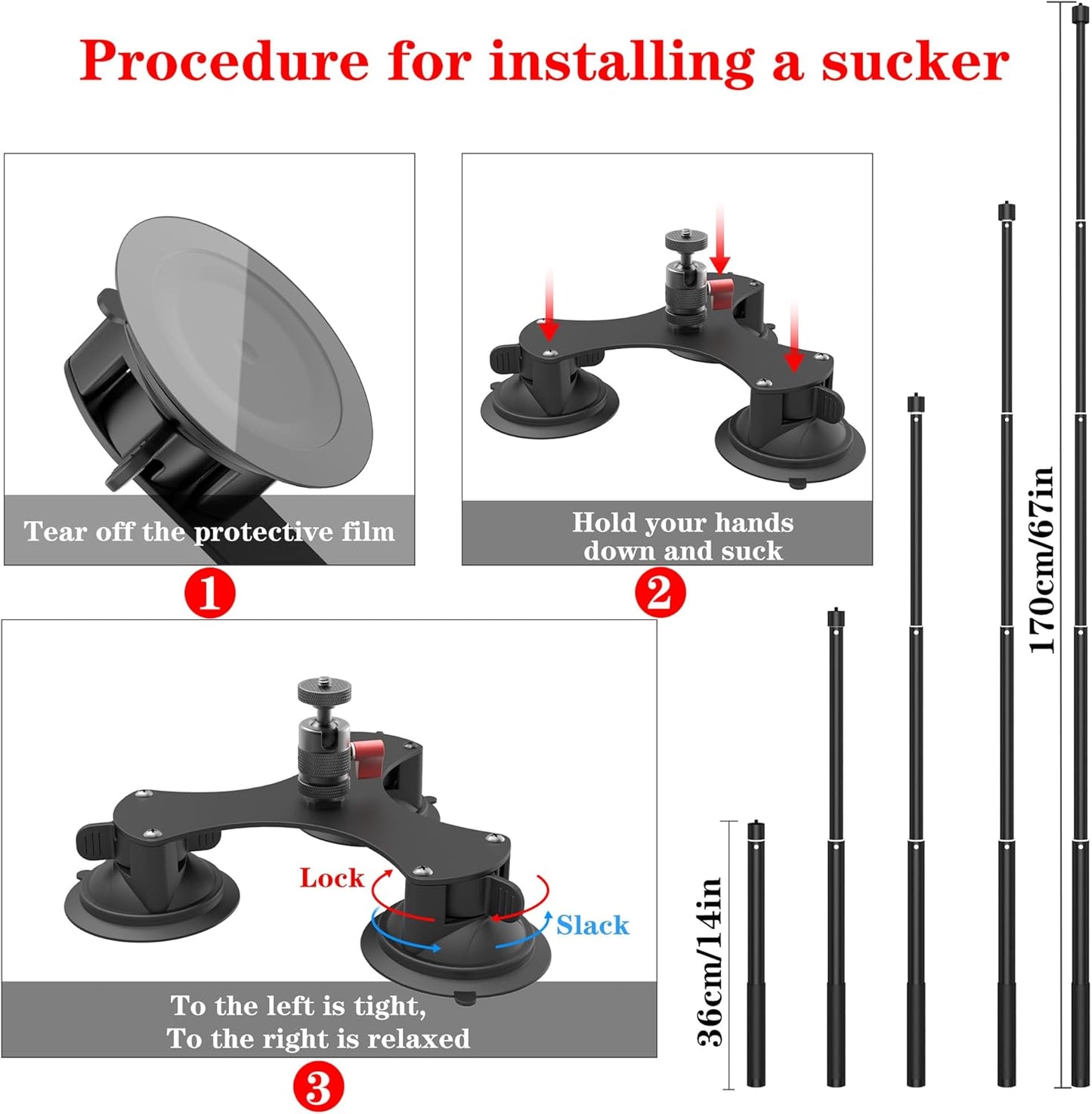 Taisioner Suction Car Mount for Camera Insta360 X5/X4/X3/X2/GO 3/ONE/RS Compatible with Gopro Max 360 Outside Car Mount with 67” Invisible Selfie Stick 5 in 1 Suction Camera kit for Action Camera