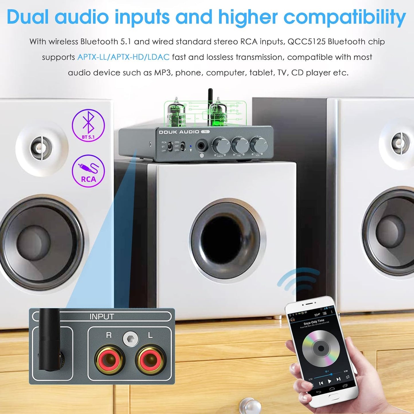 Douk Audio T6 2 Channel 80 watts x2 Bluetooth Tube Amplifier Hi-Fi Stereo Power Amp Audio Wireless Receiver with Headphone/Line Output & Treble Bass Tone Control