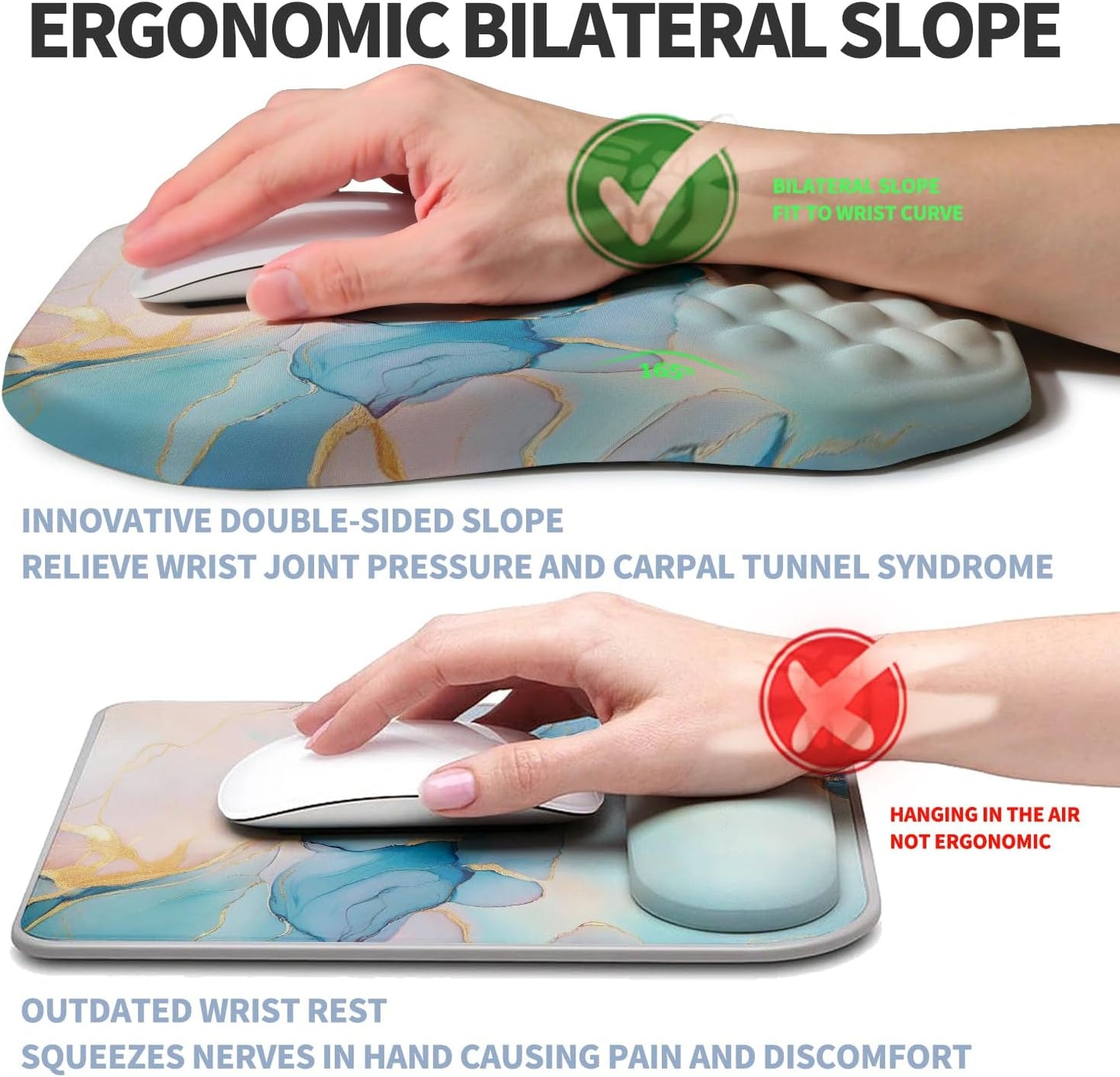 Ergonomic Raised Mouse Pad Wrist Support with Bilateral Slope Memory Foam Mousepad for Wrist Rest and Carpal Tunnel Pain Relief 11.8x7.9〃Blue Marble