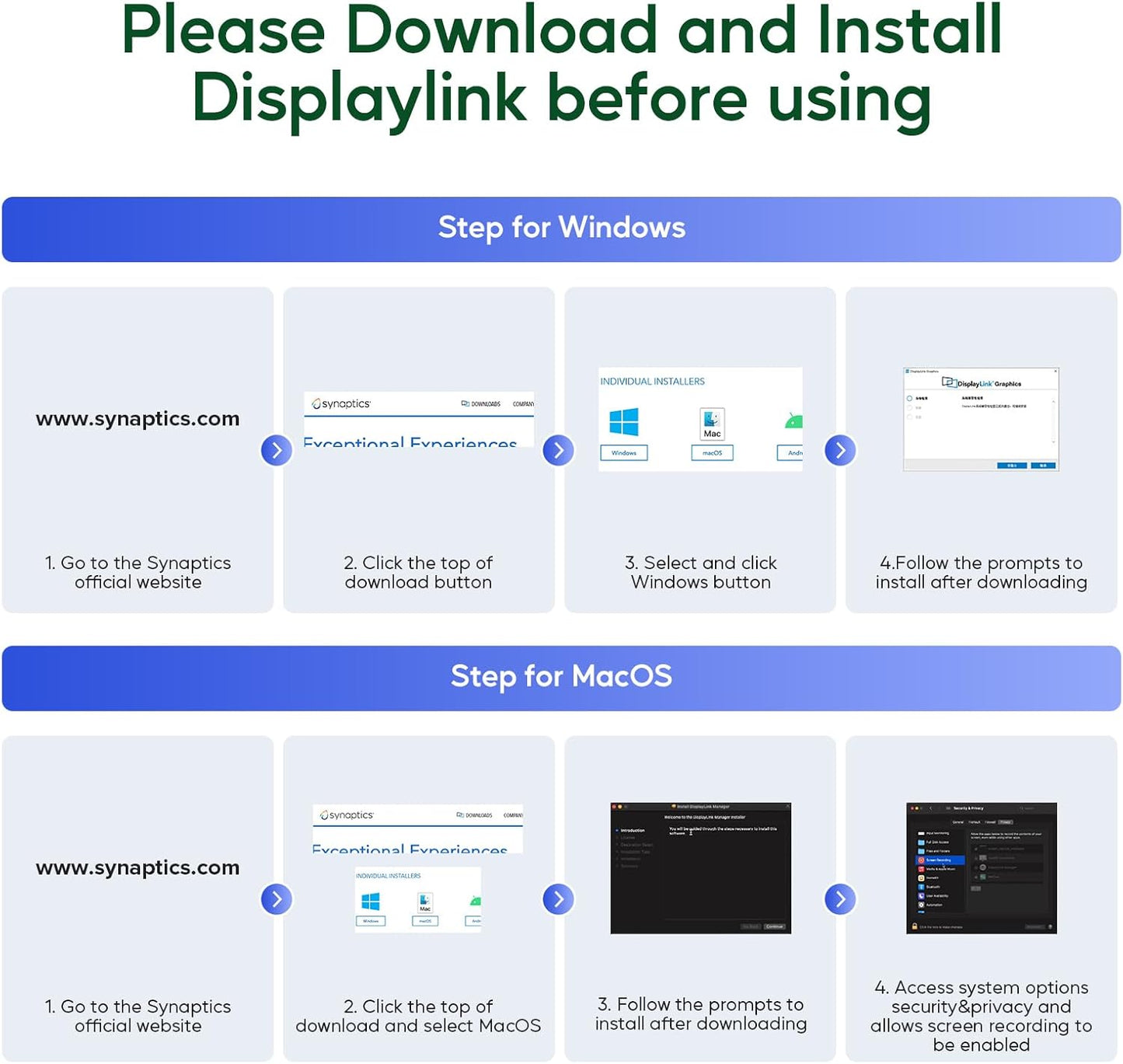 Displaylink Docking Station, Triple Display DisplayLink Dock for MacBook M1/M2/M3 Windows, 4K@60Hz Laptop Docking Station with 2 HDMI, 2 Display Port, PD, USB C Data, 4 USBA, Ethernet, Audio