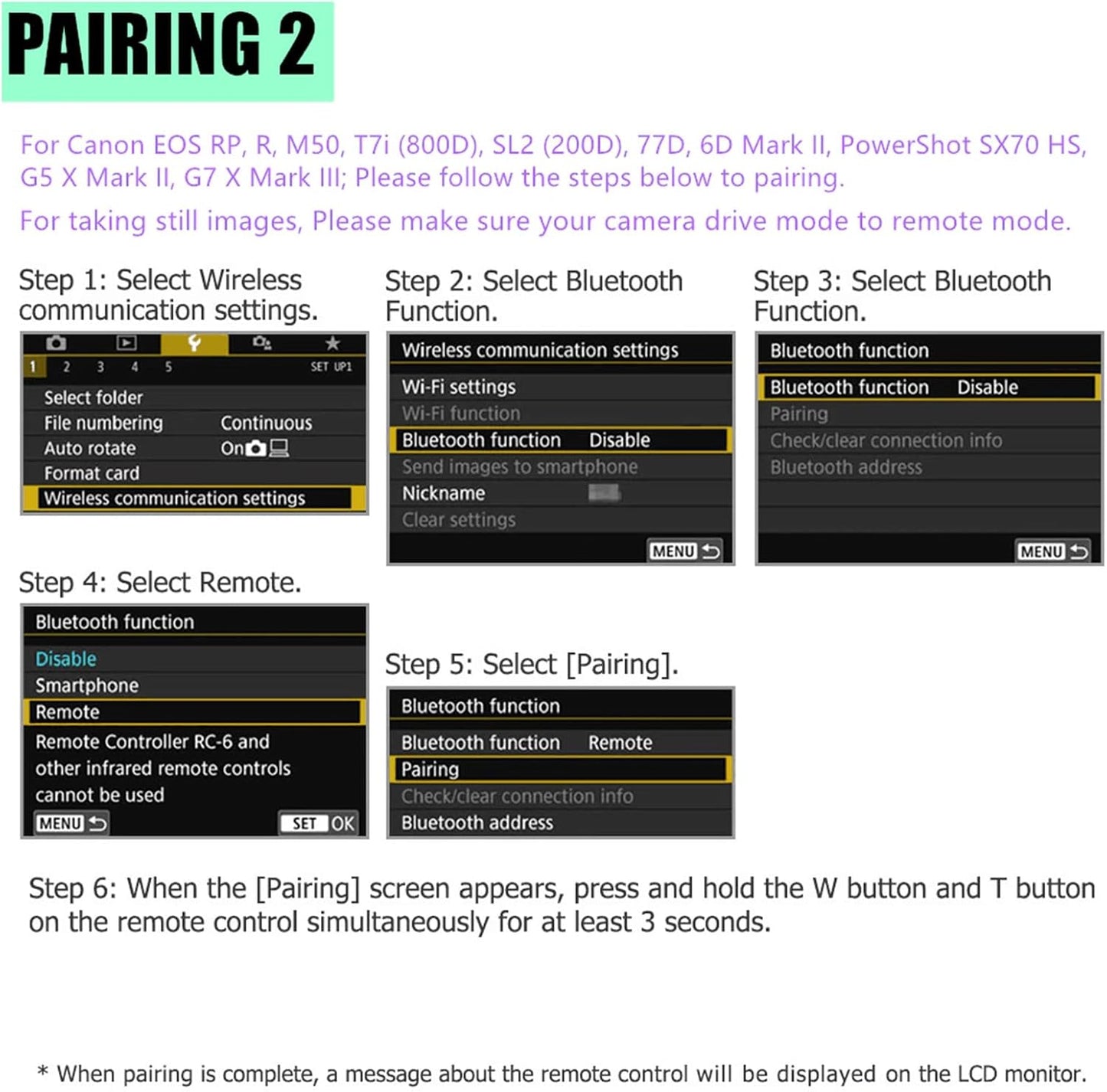 Wireless Camera Remote Shutter Release for Canon R3/ R7/ R10/ M50/ EOS M6 Mark II/R/RP /90D /6D Mark II /R5/ R6 /800D /850D /250D/Rebel SL2 /T7i /G5 X Mark II /G7 X Mark III, Replace Canon BR-E1