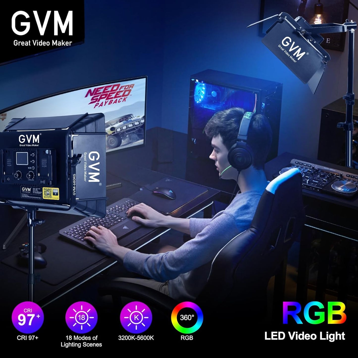 GVM RGB Photography Lighting Kits with 2 Softboxes, 880RS 60W Studio Lights with Bluetooth Control, 2 Packs Video Light with 18 Lighting Scenes, led Panel Lights for Video Recording, 8330lux/0.5M