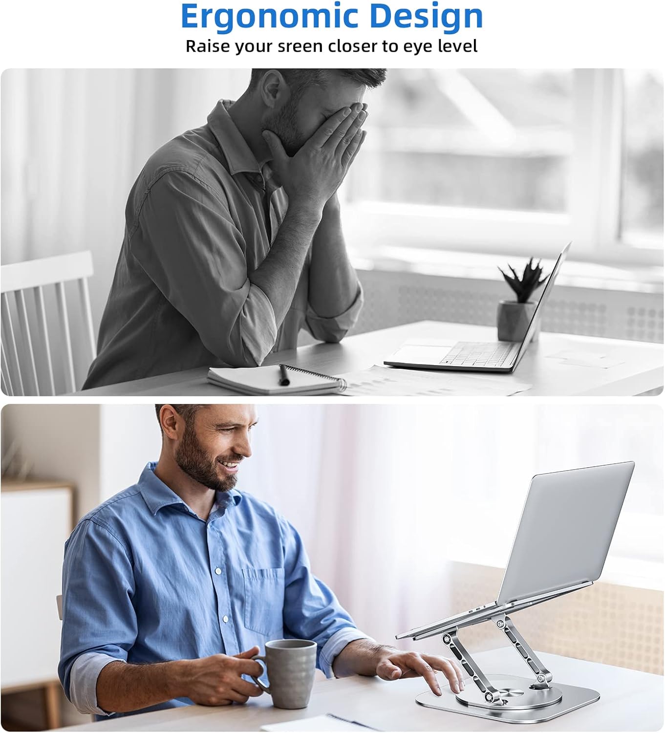 Adjustable Laptop Stand for Desk, Ergonomic Riser with 360° Rotating Base, Foldable Notebook Computer Holder Compatible MacBook Air Pro, Dell XPS, More 10-17" Laptops, Silver