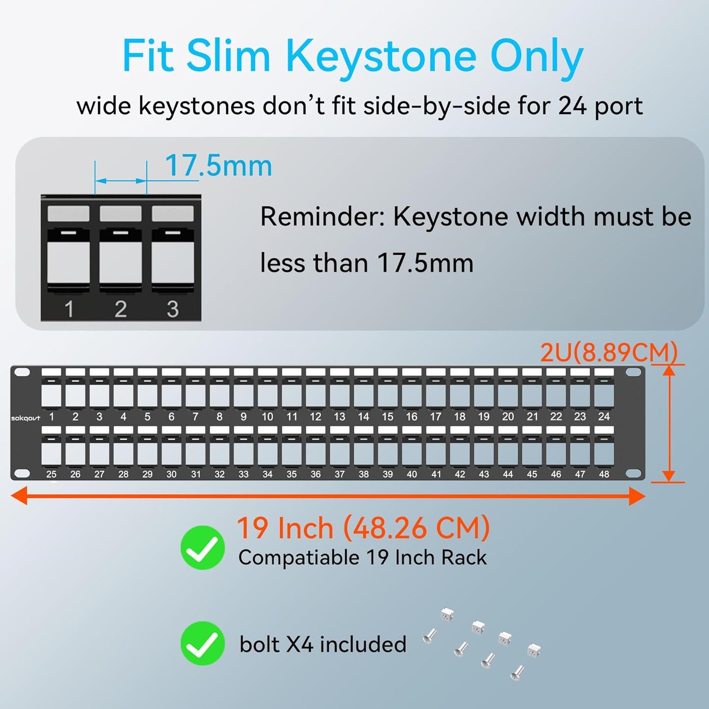 48 Port Blank Keystone Patch Panel with Snap-in Design (4 Pack), Cat6 Network Patch Panel 2U 19 inch, Rack Mount Ethernet Patch Panel (for Slim Keystone Only)